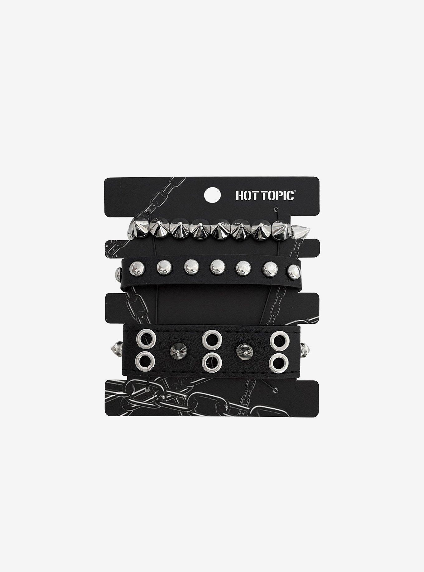 Silver Spike Stud Grommet Bracelet Set, , hi-res