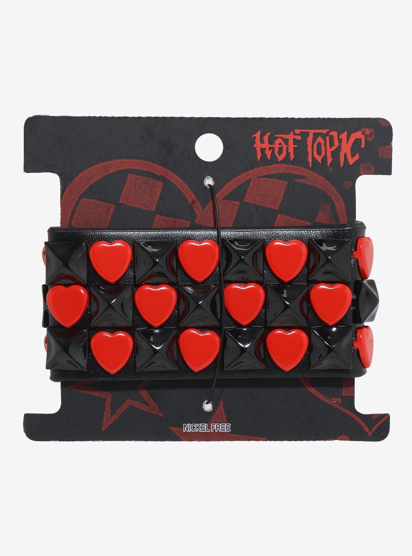 Black & Red Heart Pyramid Stud Cuff Bracelet, , hi-res