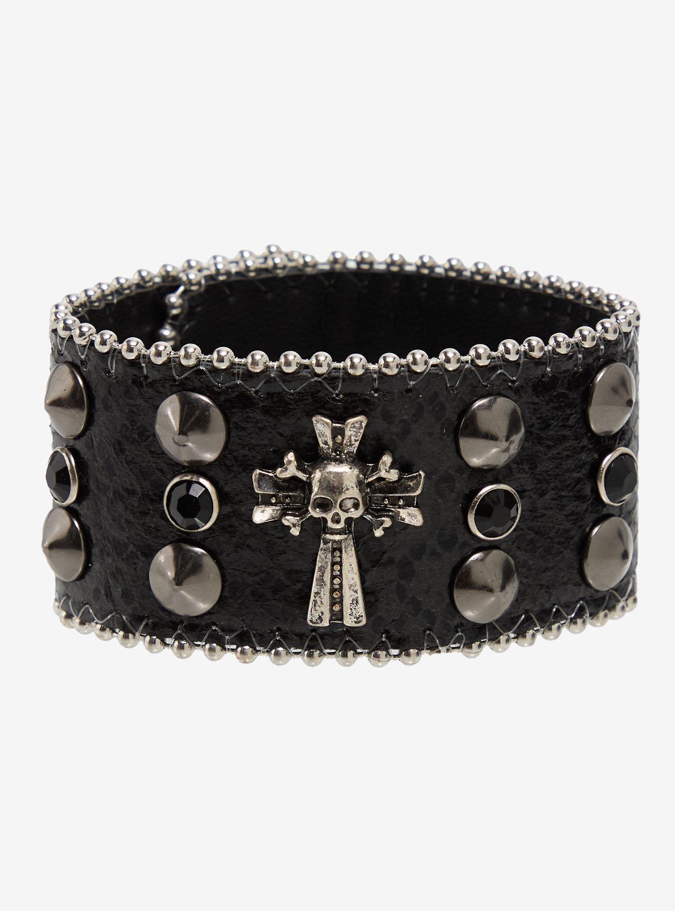 Skull Cross Faux Leather Scale Cuff Bracelet, , hi-res