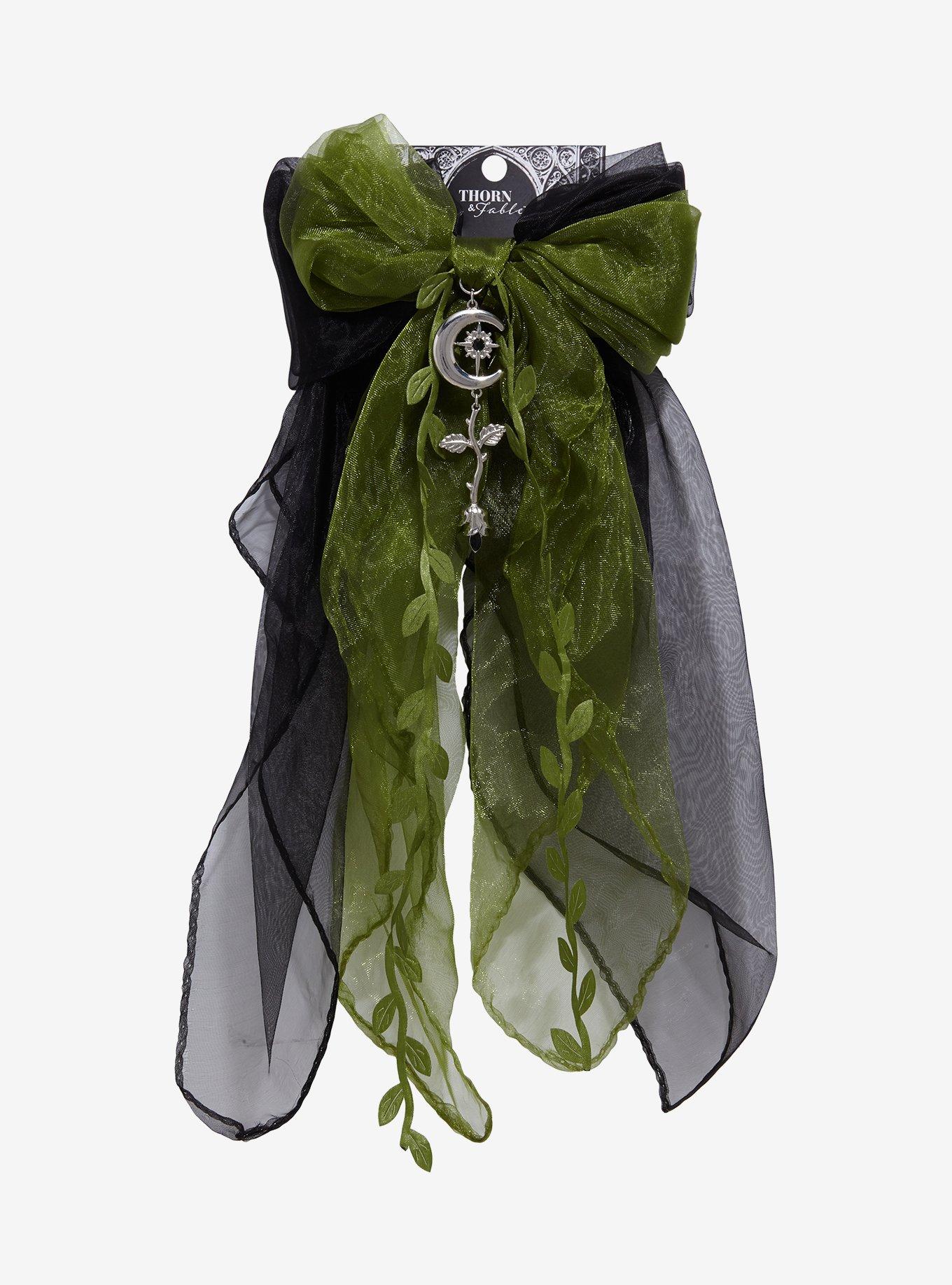Thorn & Fable Green & Black Rose Organza Hair Bow, , hi-res