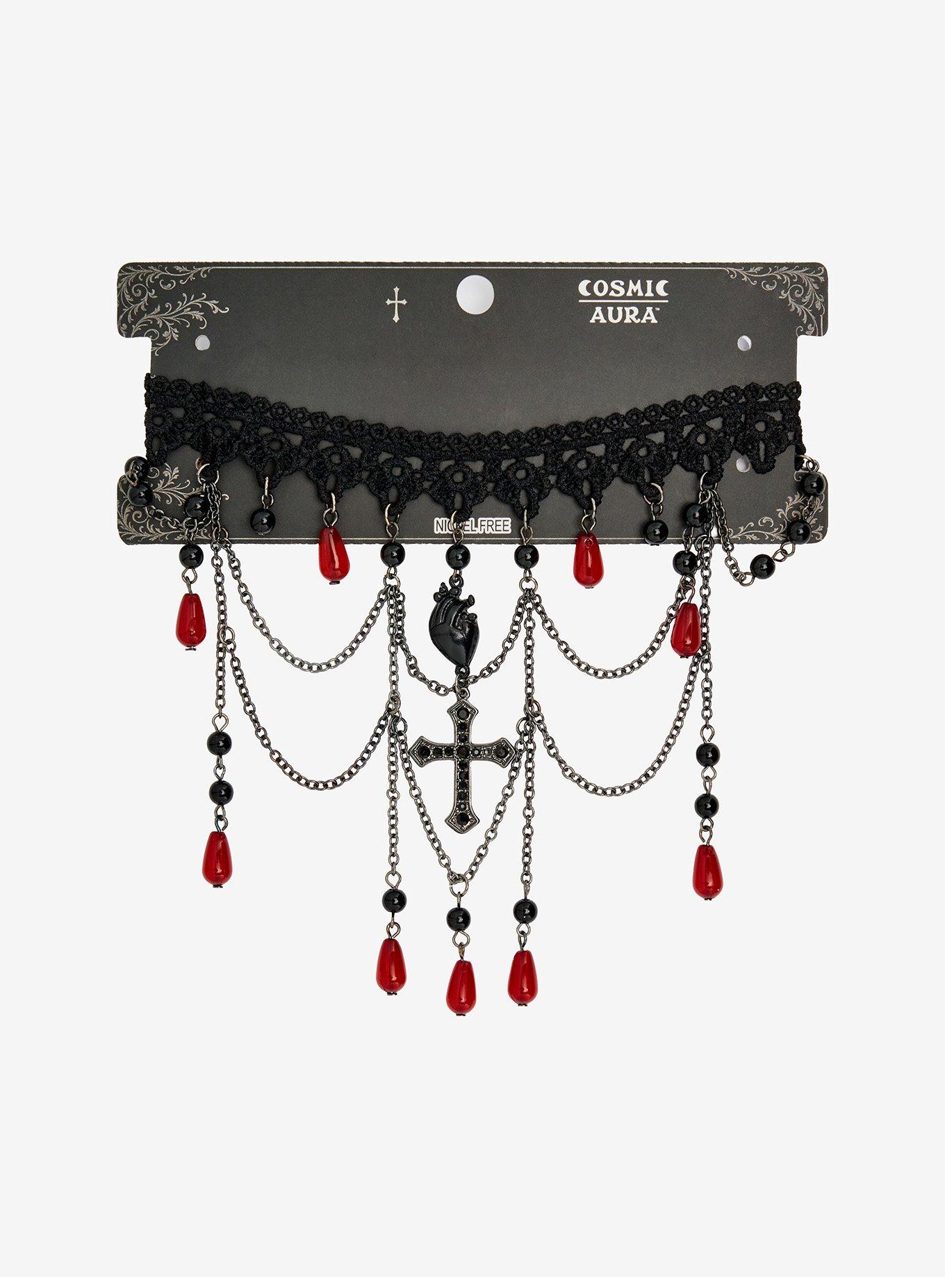 Cosmic Aura Black & Red Heart Cross Choker, , hi-res