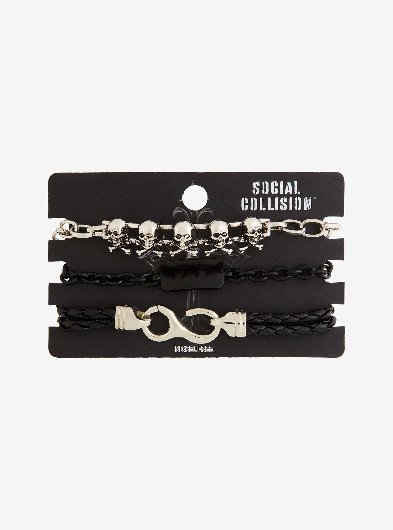 Social Collision Hook Skull & Crossbones Bracelet Set, , hi-res