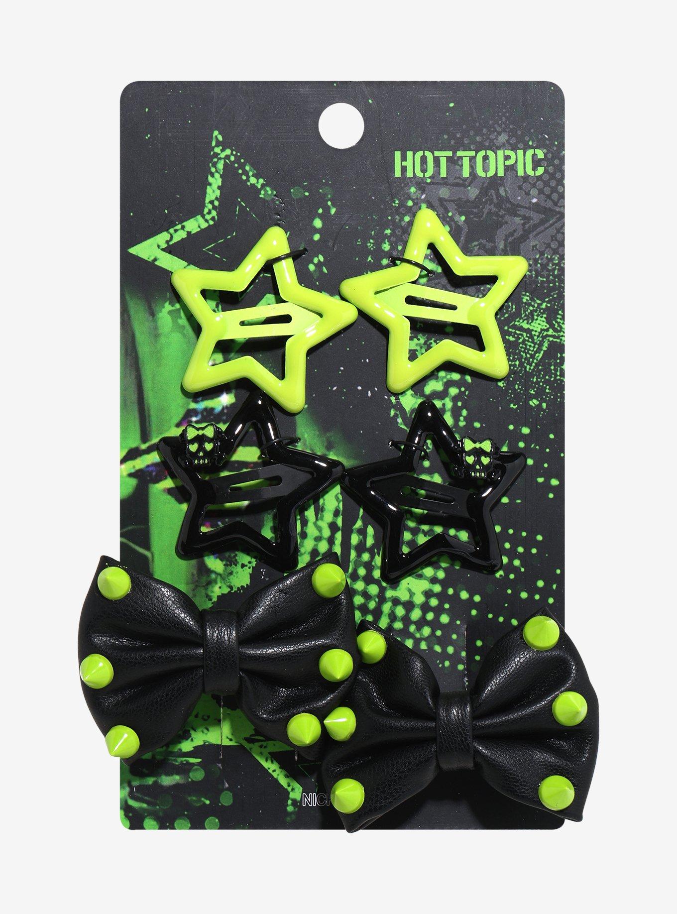 Black & Green Star Bow Hair Clip Set, , hi-res