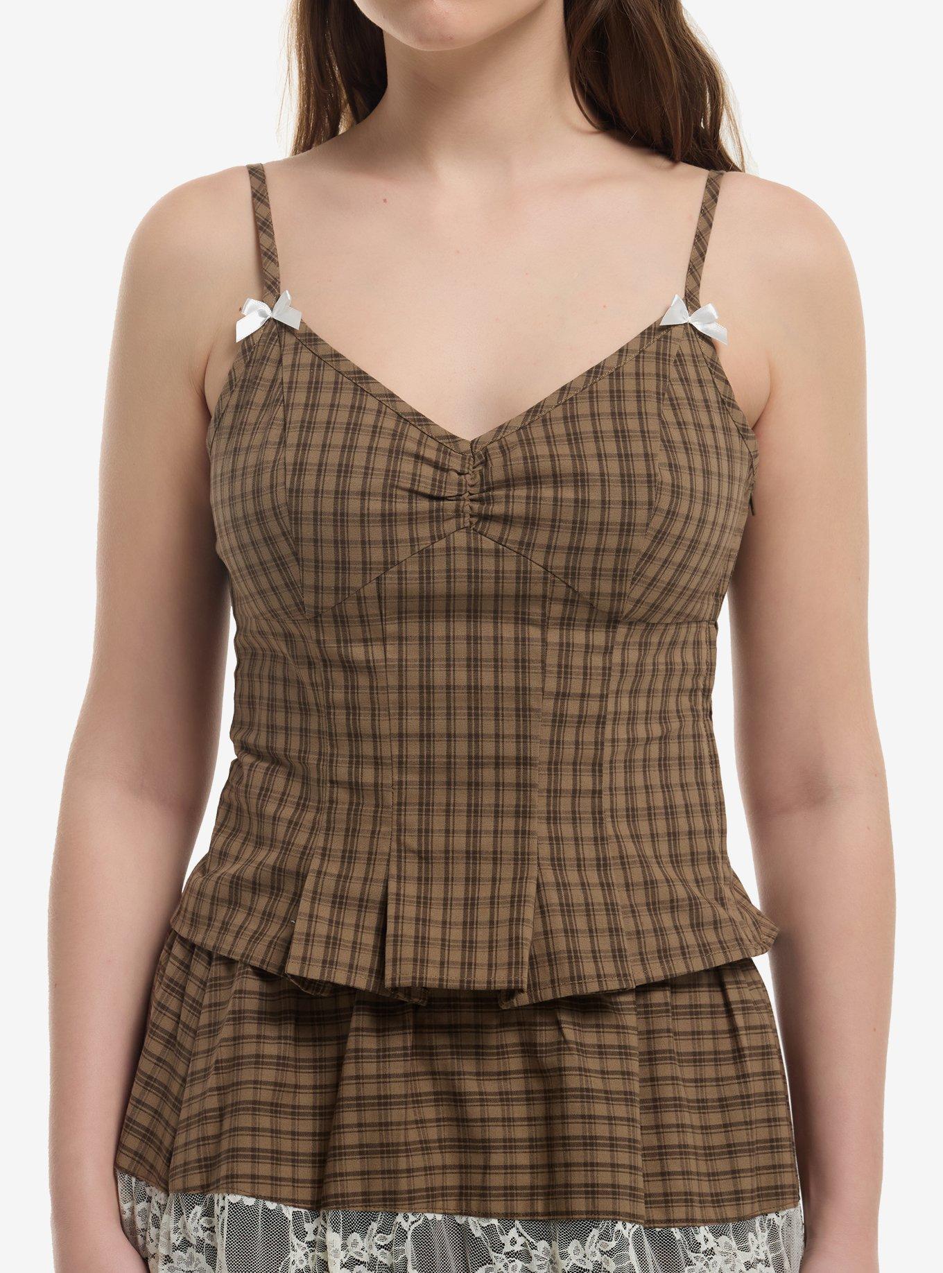 THORNANDFABLE Thorn & Fable Brown Plaid Pleated Girls Cami