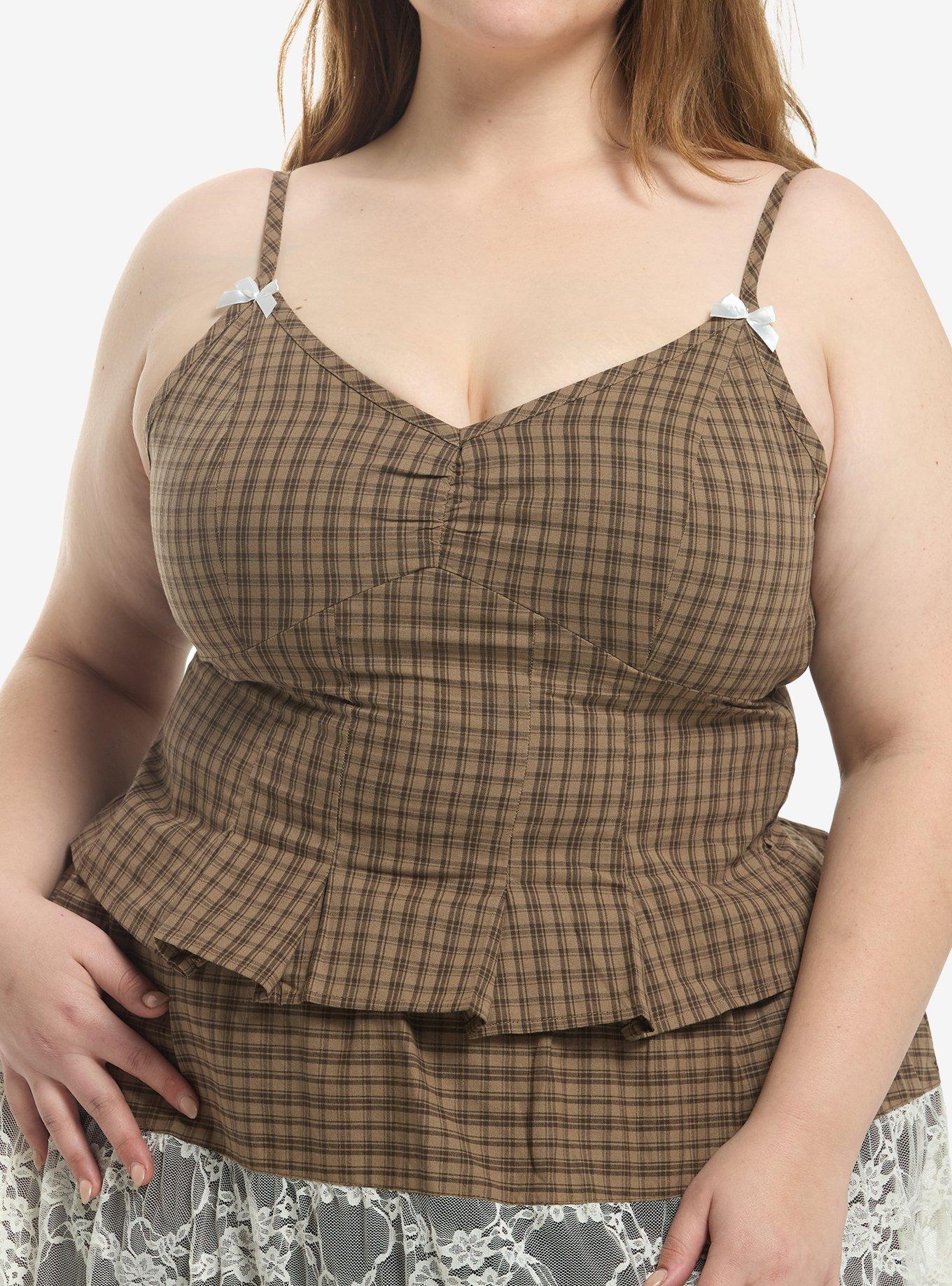 Thorn & Fable Brown Plaid Pleated Cami Plus Size, , hi-res