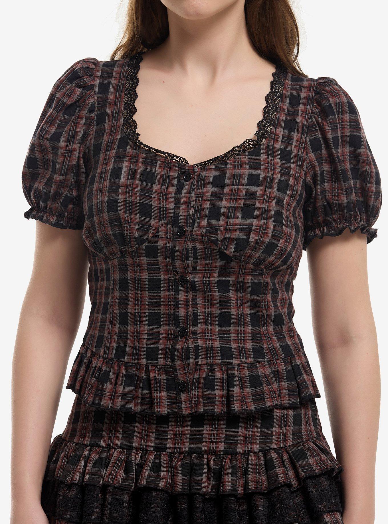 Dark Red Plaid Ruffle Girls Top, , hi-res