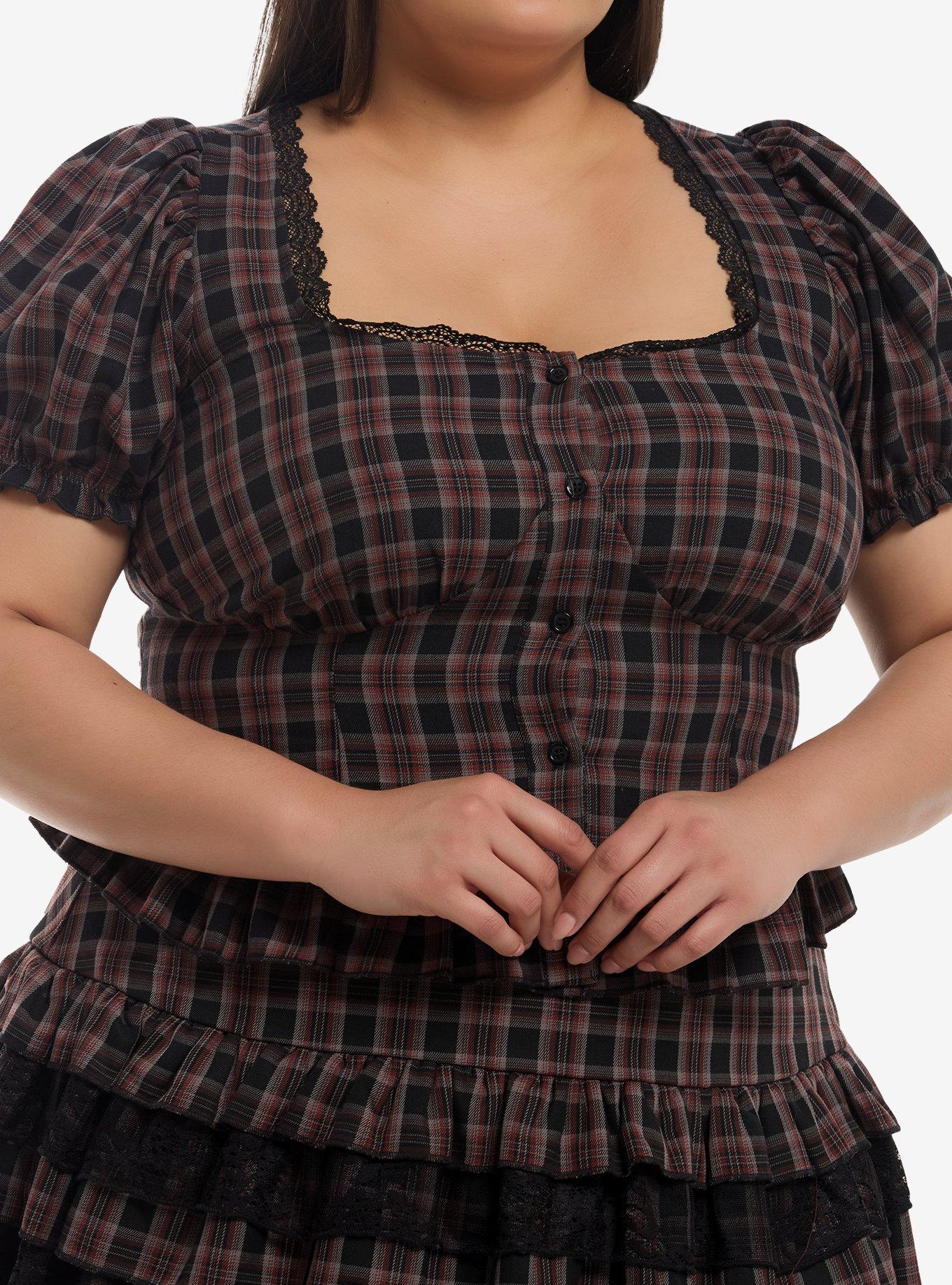 Dark Red Plaid Ruffle Girls Top Plus Size, , hi-res