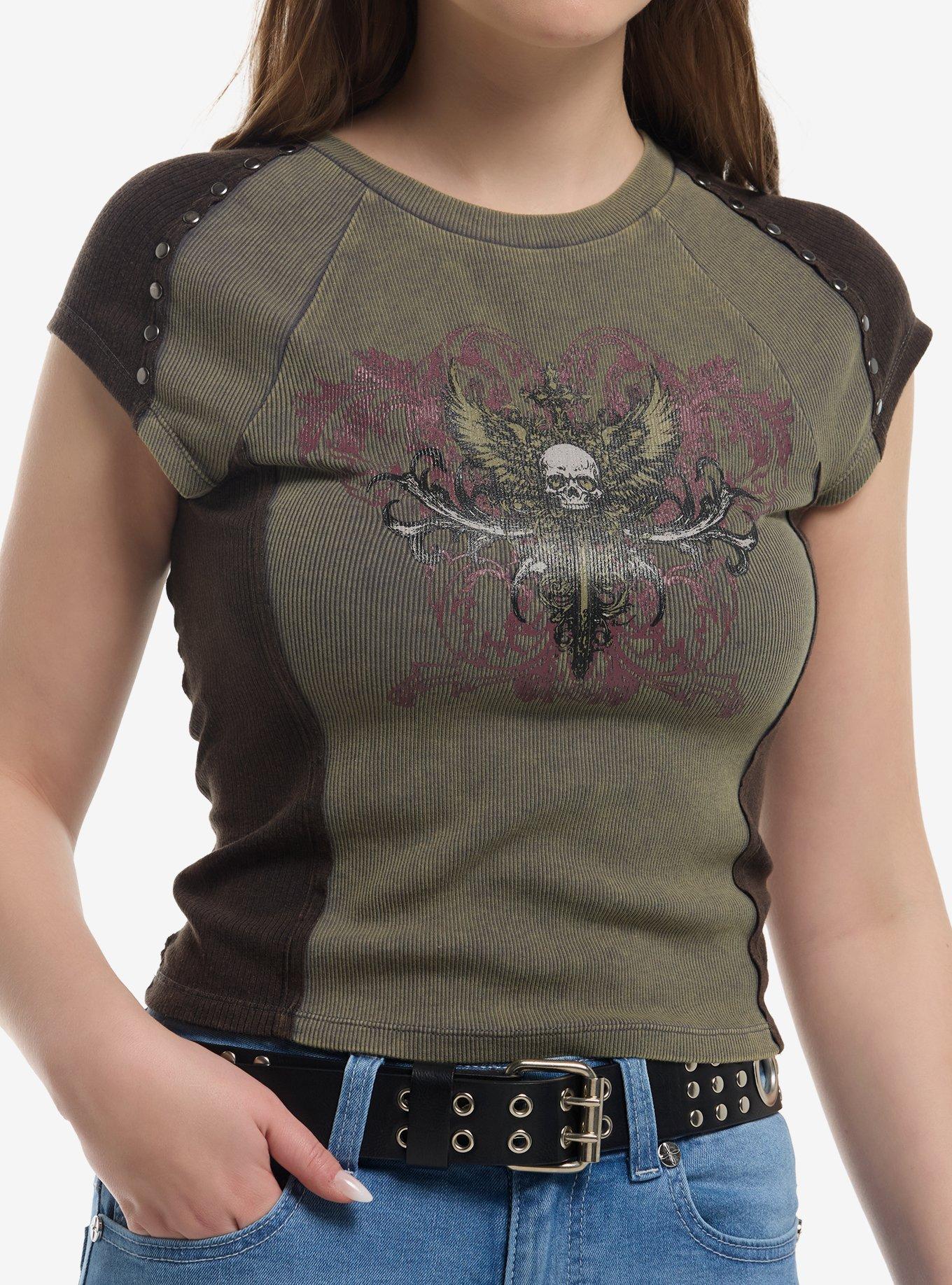 Social Collision Grunge Winged Skull Girls Crop Raglan T-Shirt, , hi-res