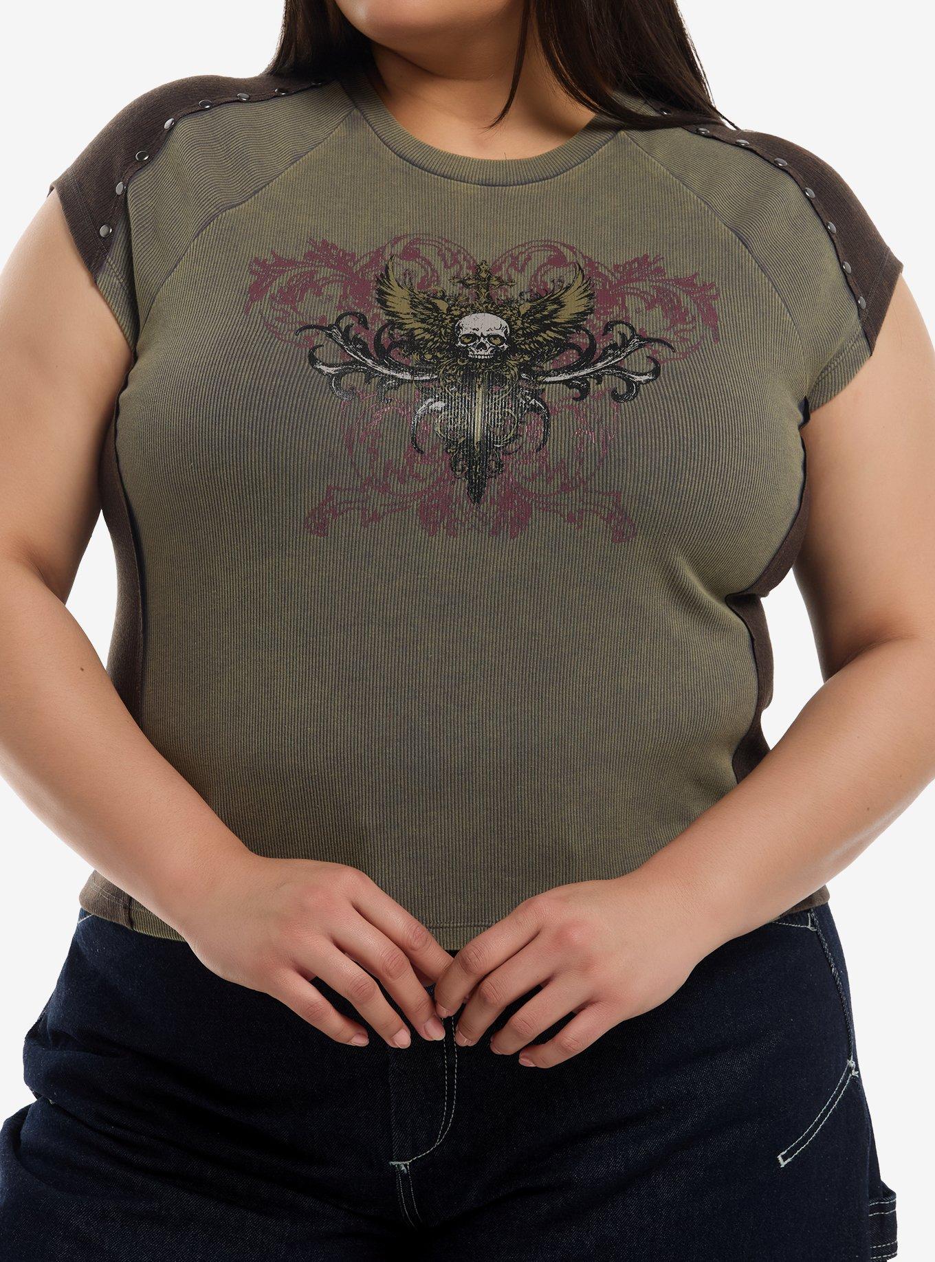 Social Collision Grunge Winged Skull Girls Crop Raglan T-Shirt Plus Size, , hi-res