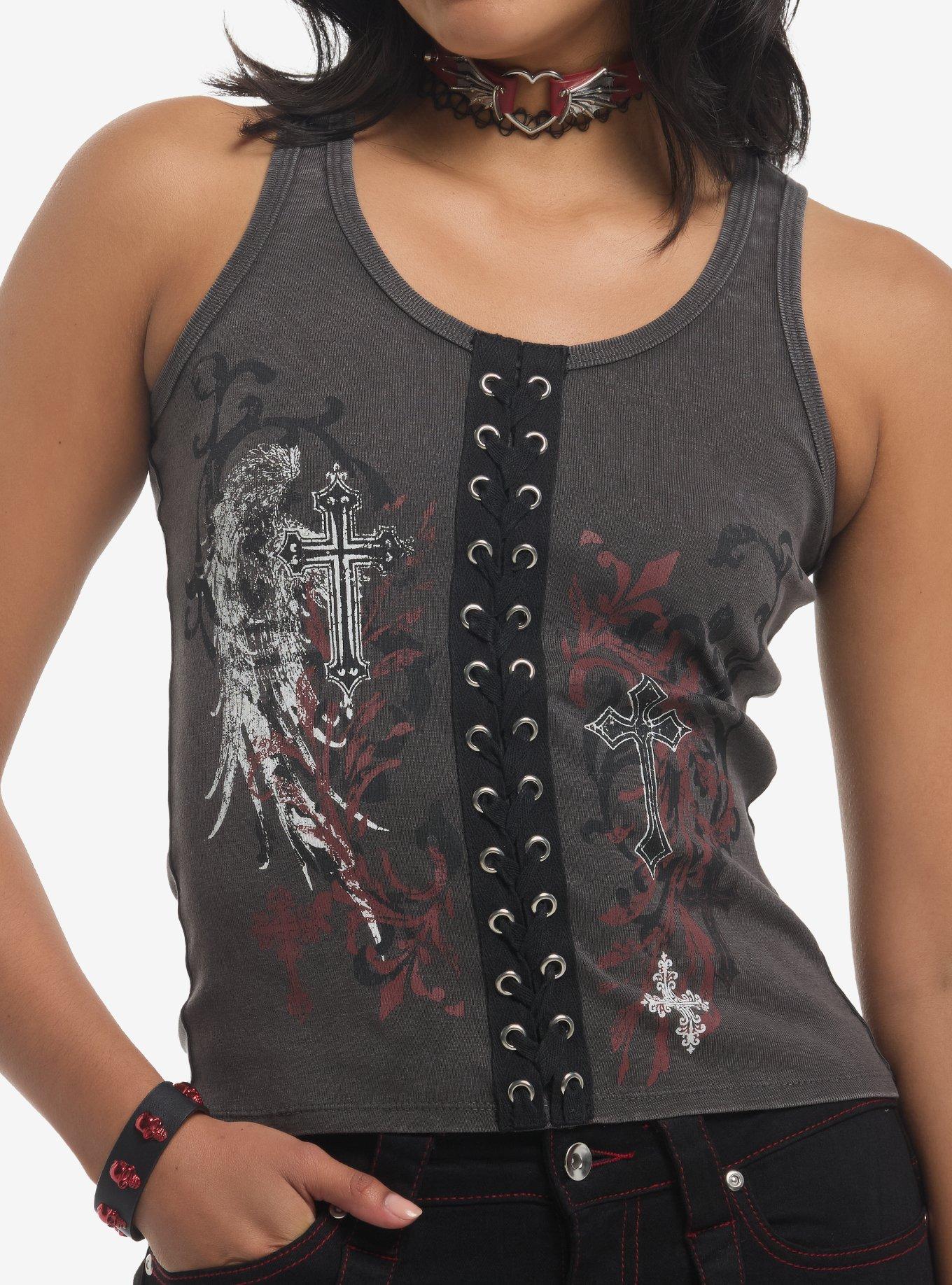 Social Collision Cross Filigree Lace-Up Girls Tank Top, , hi-res