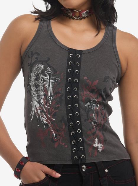 Social Collision Cross Filigree Lace-Up Girls Tank Top | Hot Topic