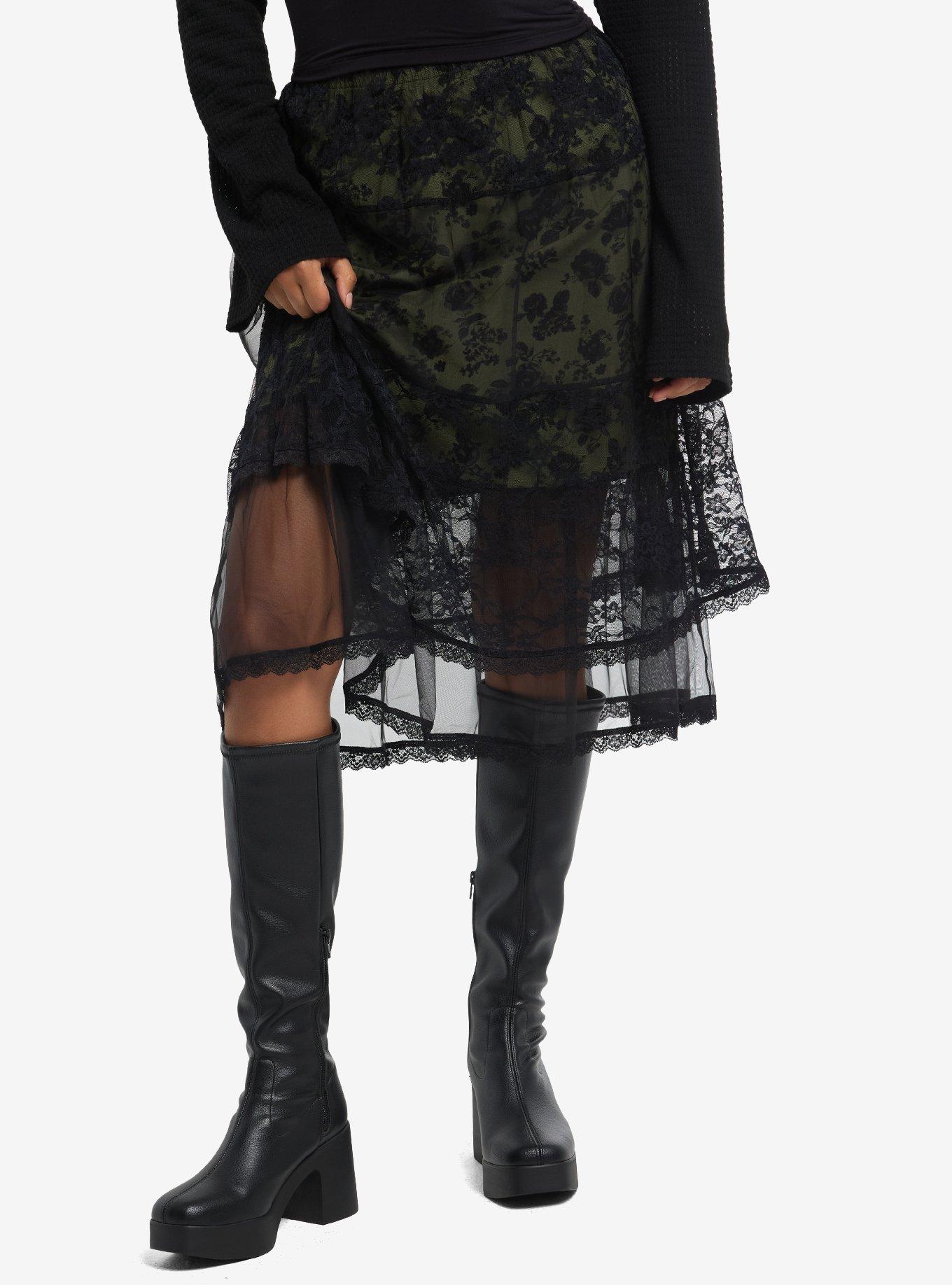 Cosmic Aura Green Floral Lace Layer Midi Skirt, , hi-res