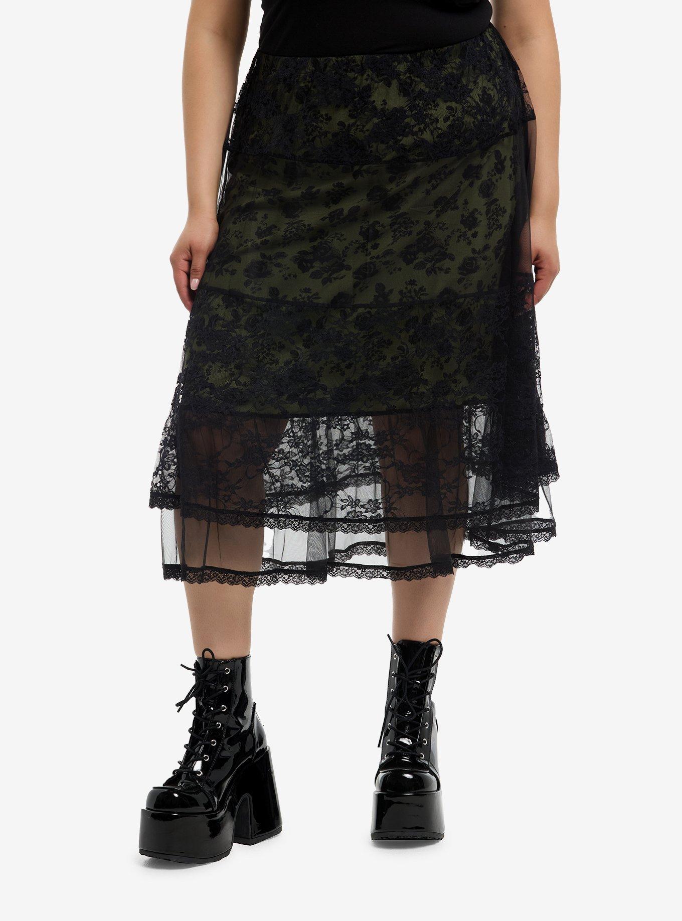 Cosmic Aura Green Floral Lace Layer Midi Skirt Plus Size, , hi-res