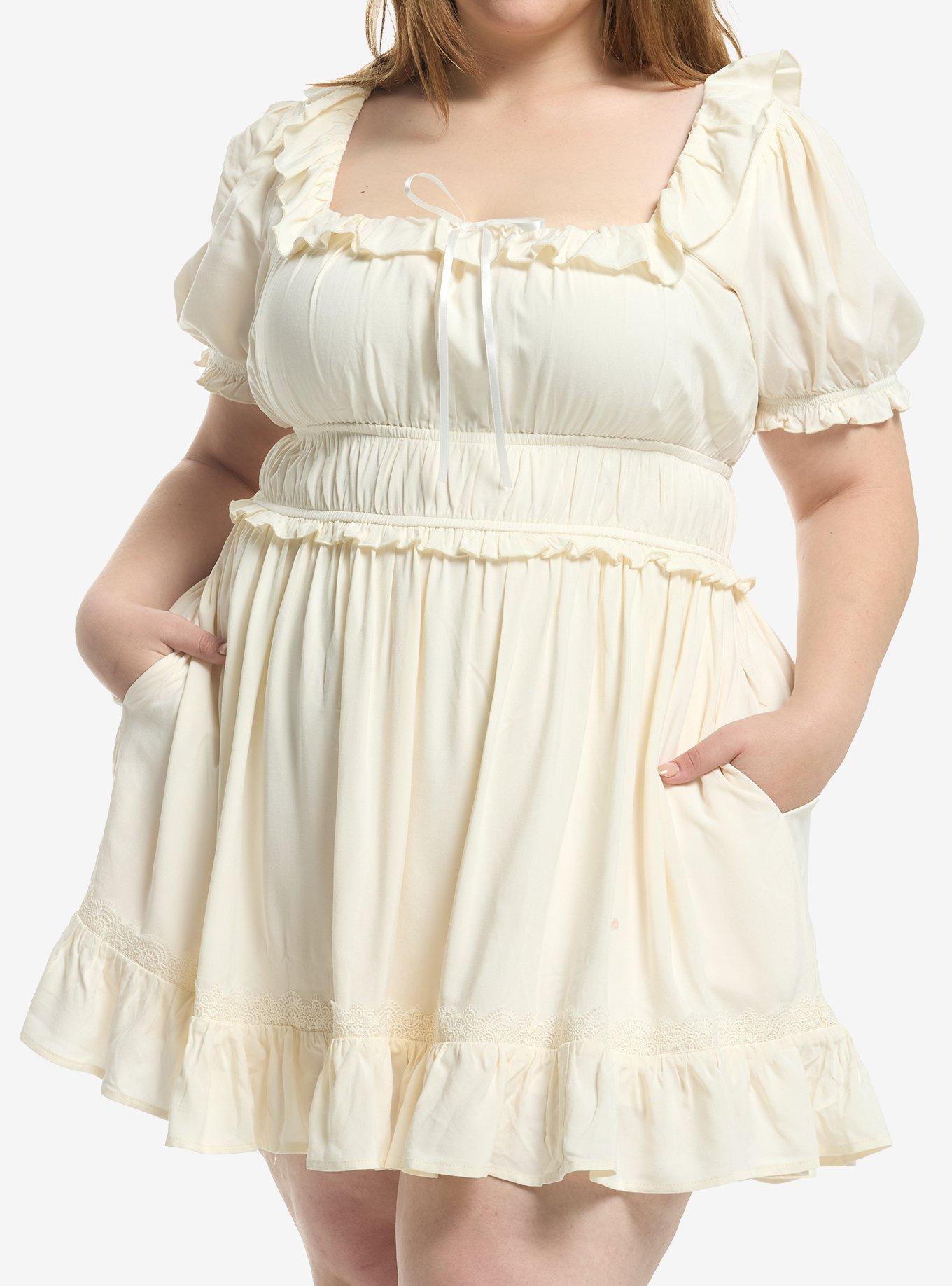 Thorn & Fable Cream Lace Trim Empire Mini Dress Plus Size, , hi-res