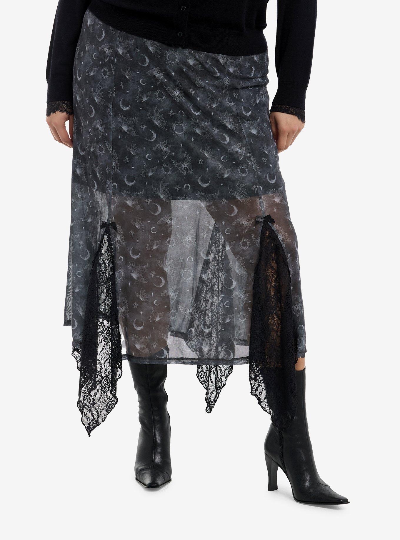 Cosmic Aura Spider Moth Celestial Mesh Midi Skirt Plus Size, , hi-res