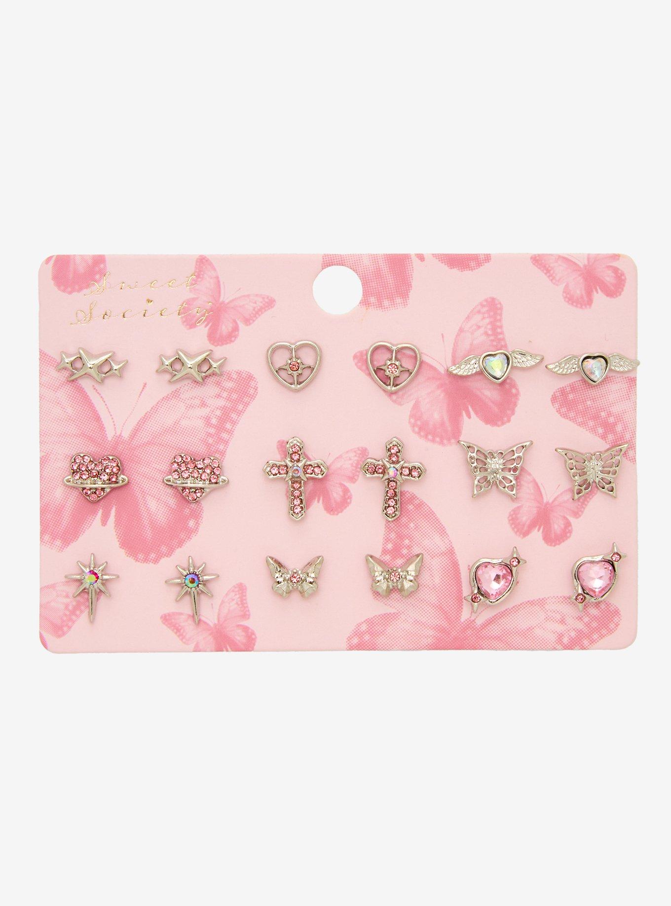 Sweet Society Pink Gem Heart Butterfly Stud Earring Set, , hi-res