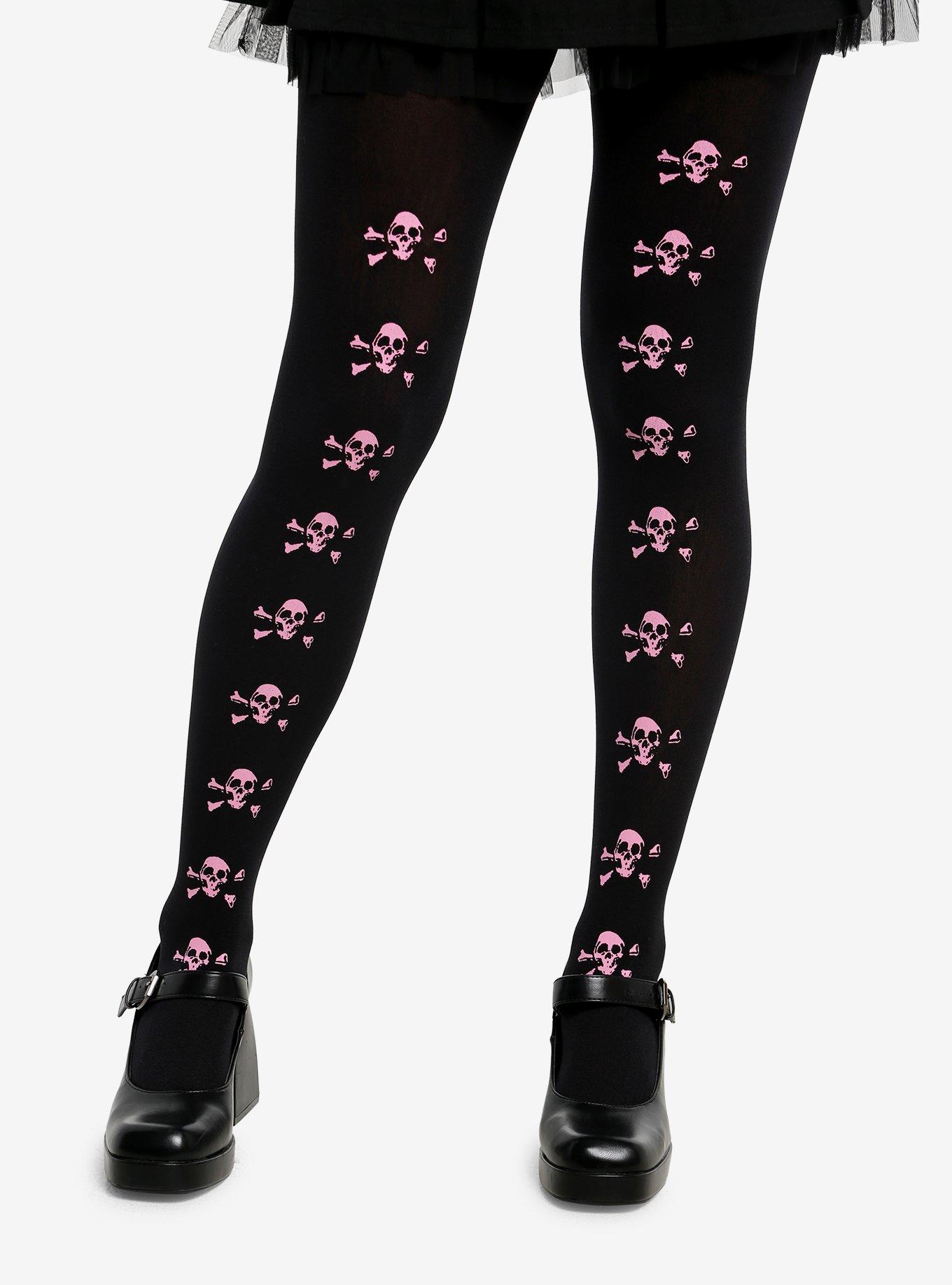 Black & Pink Skull & Crossbones Tights, , hi-res