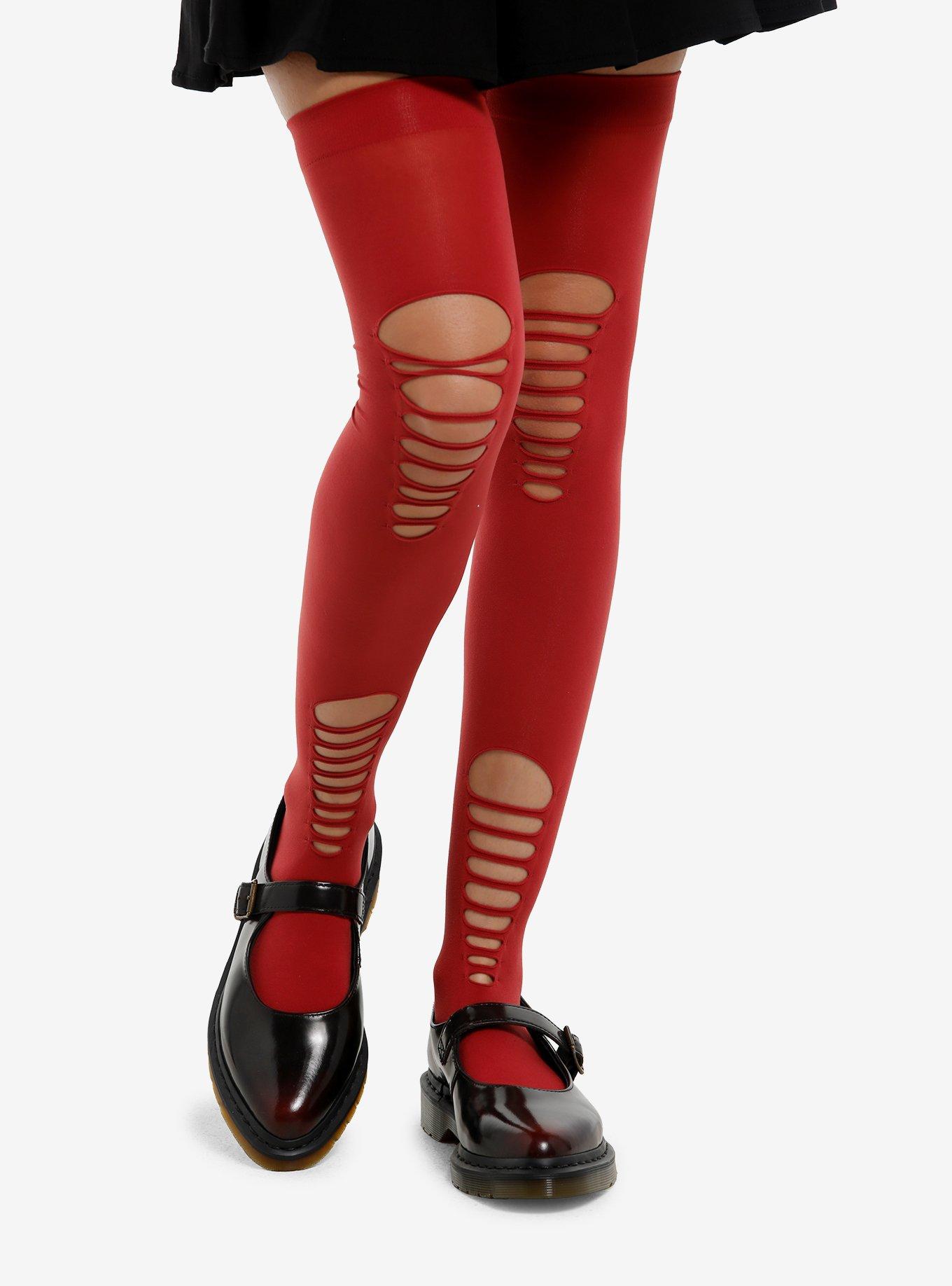 Burgundy Destructed Over-The-Knee Socks, , hi-res