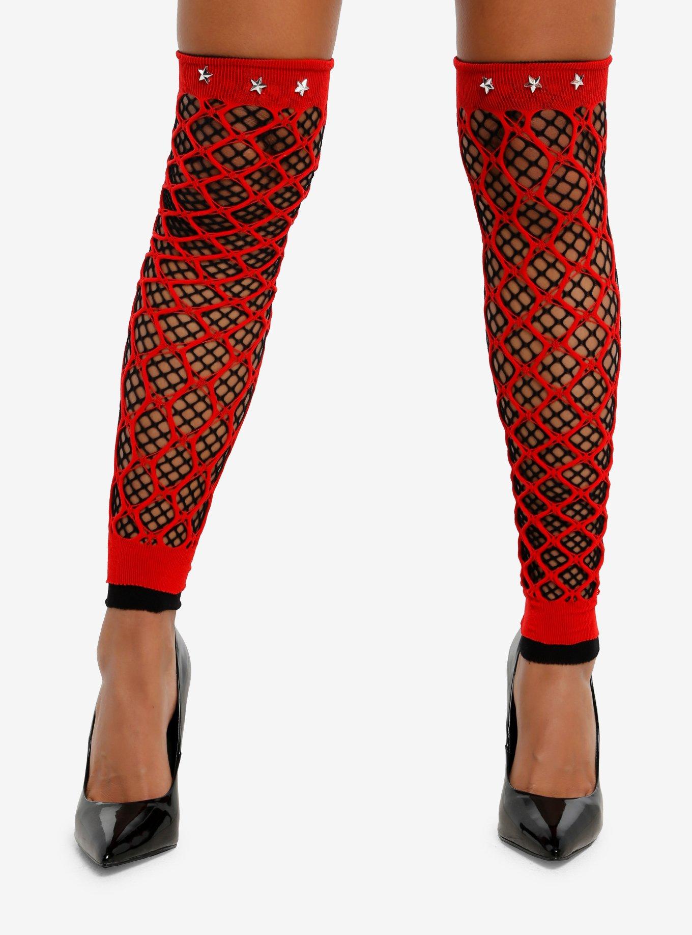 Black & Red Layered Fishnet Leg Warmers, , hi-res