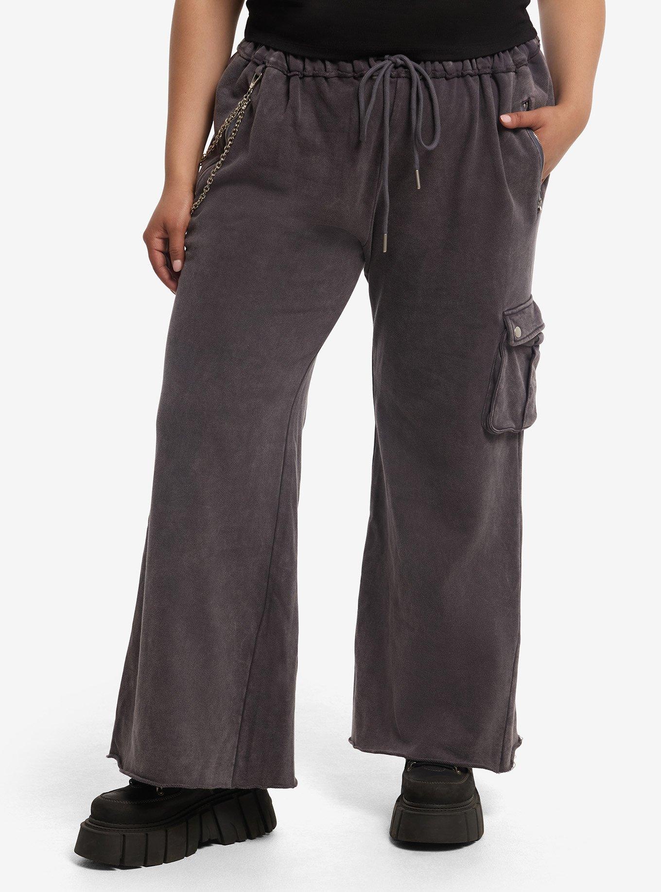 Grey Wash Side Chain Cargo Pocket Lounge Pants Plus Size, , hi-res