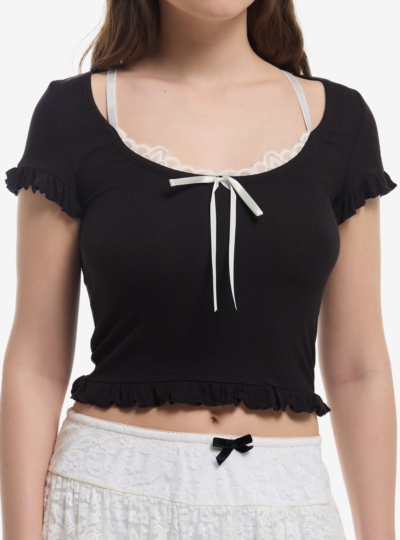 Thorn & Fable Black & White Ruffle Girls Crop Top, , hi-res