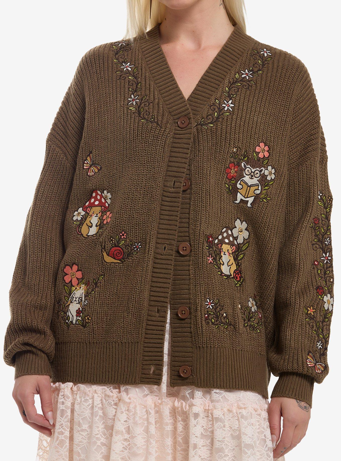 Thorn & Fable Woodland Critters Mushroom Floral Girls Cardigan, , hi-res
