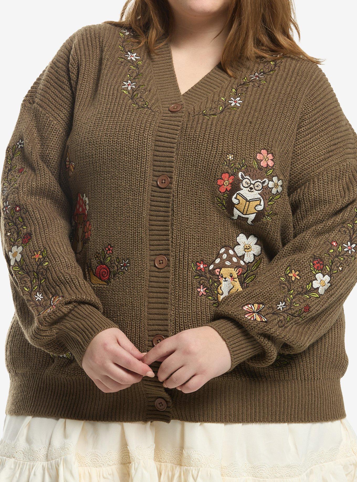 Thorn & Fable Woodland Critters Mushroom Floral Girls Cardigan Plus Size, , hi-res