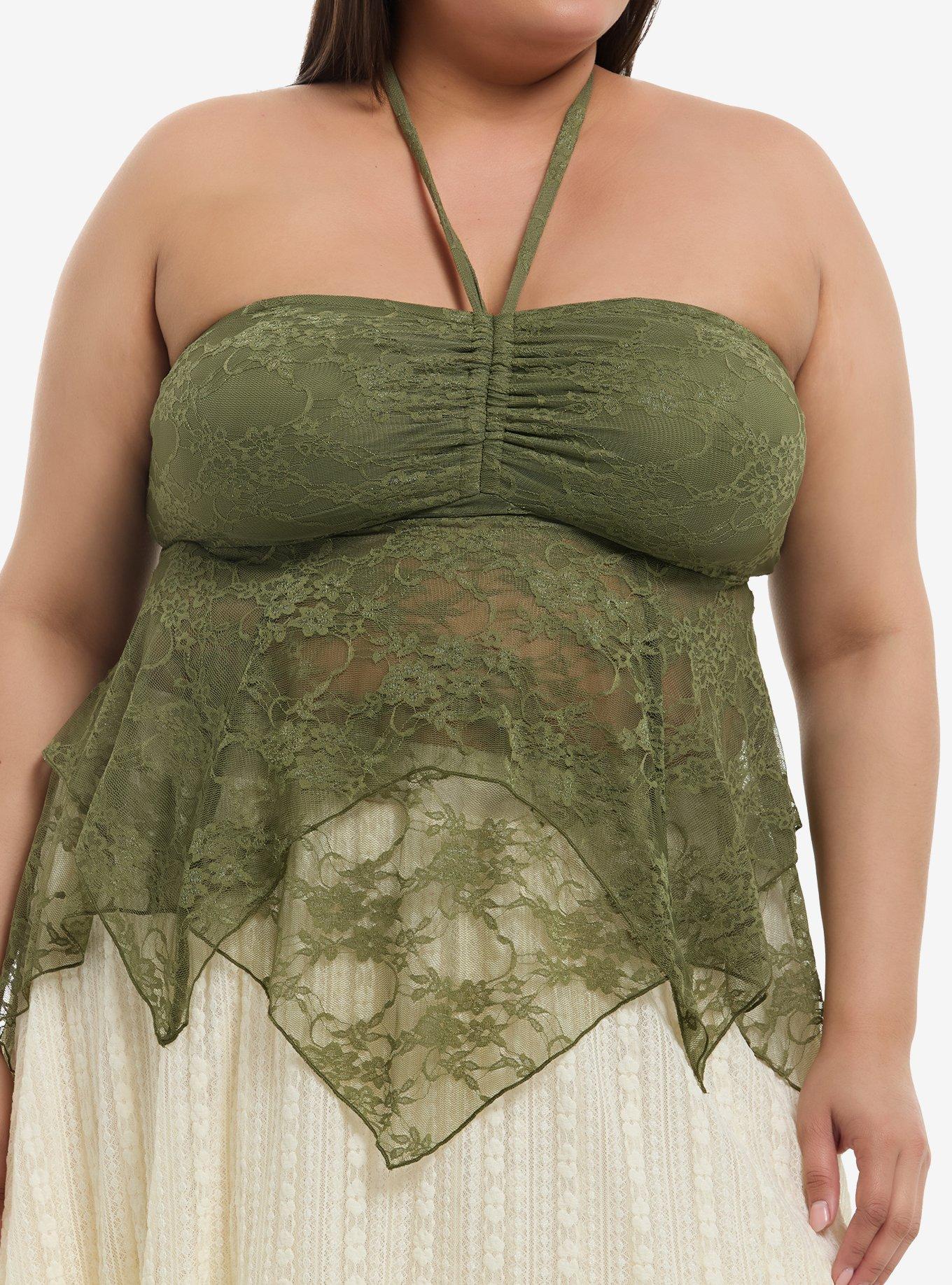 Cosmic Aura Green Lace Hanky Hem Girls Halter Top Plus Size, , hi-res