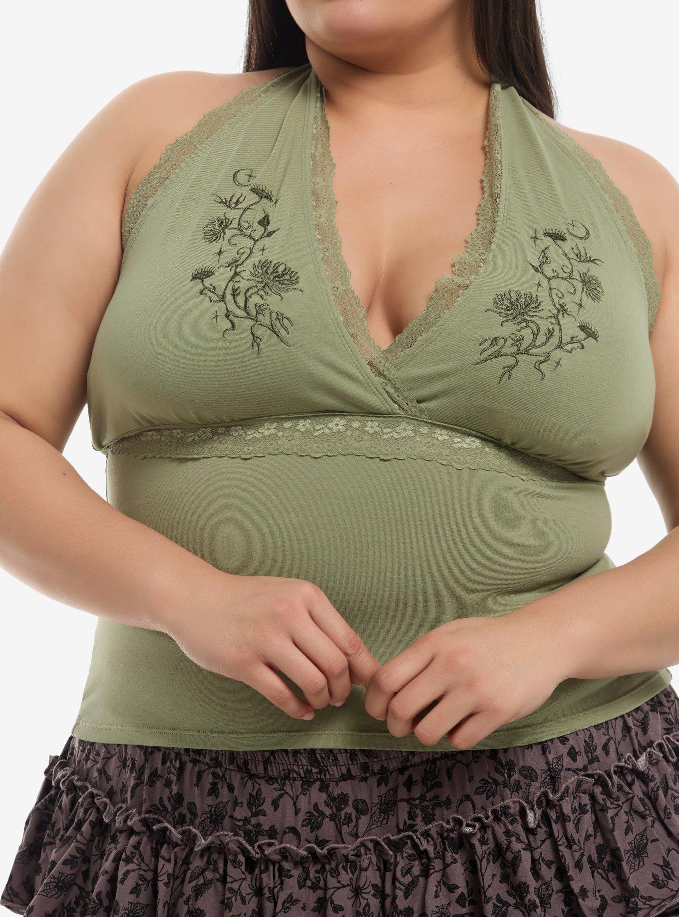 Cosmic Aura Green Floral Embroidery Girls Halter Tank Top Plus Size, , hi-res