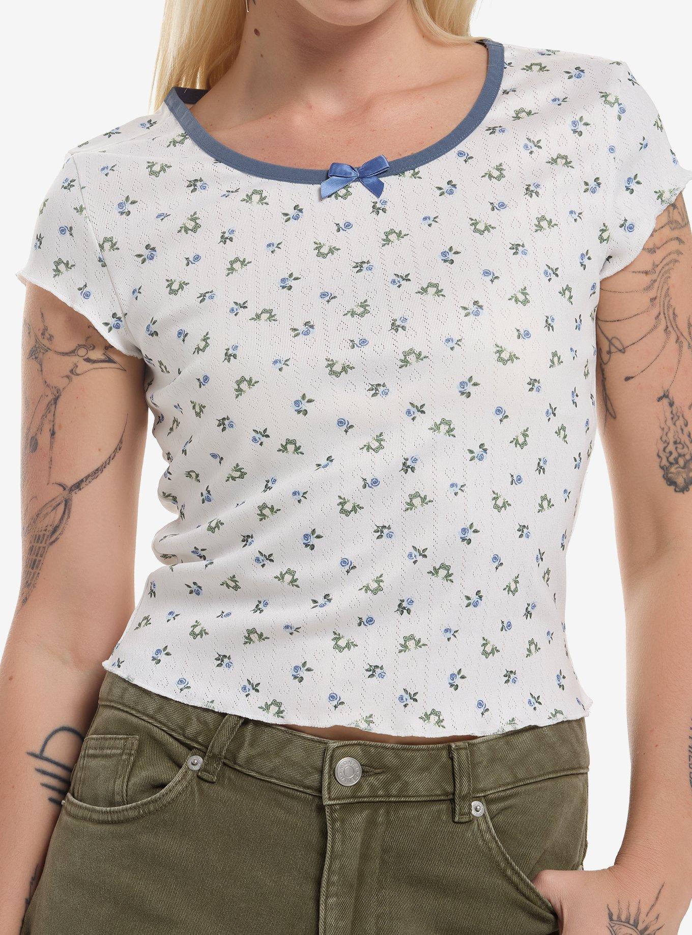 Thorn & Fable Frog Blue Floral Pointelle Girls Top, , hi-res