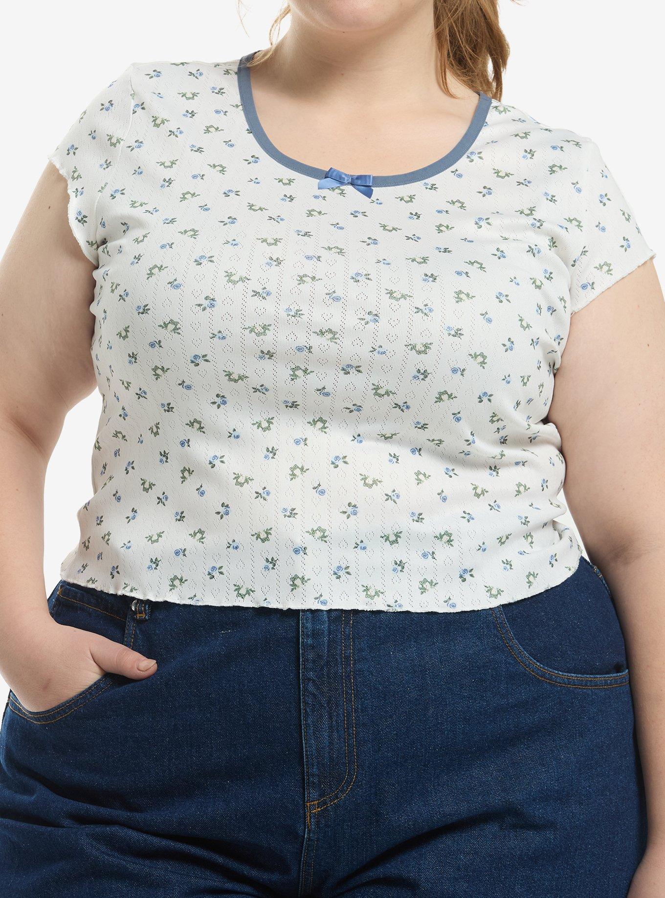 Thorn & Fable Frog Blue Floral Pointelle Girls Top Plus Size, , hi-res