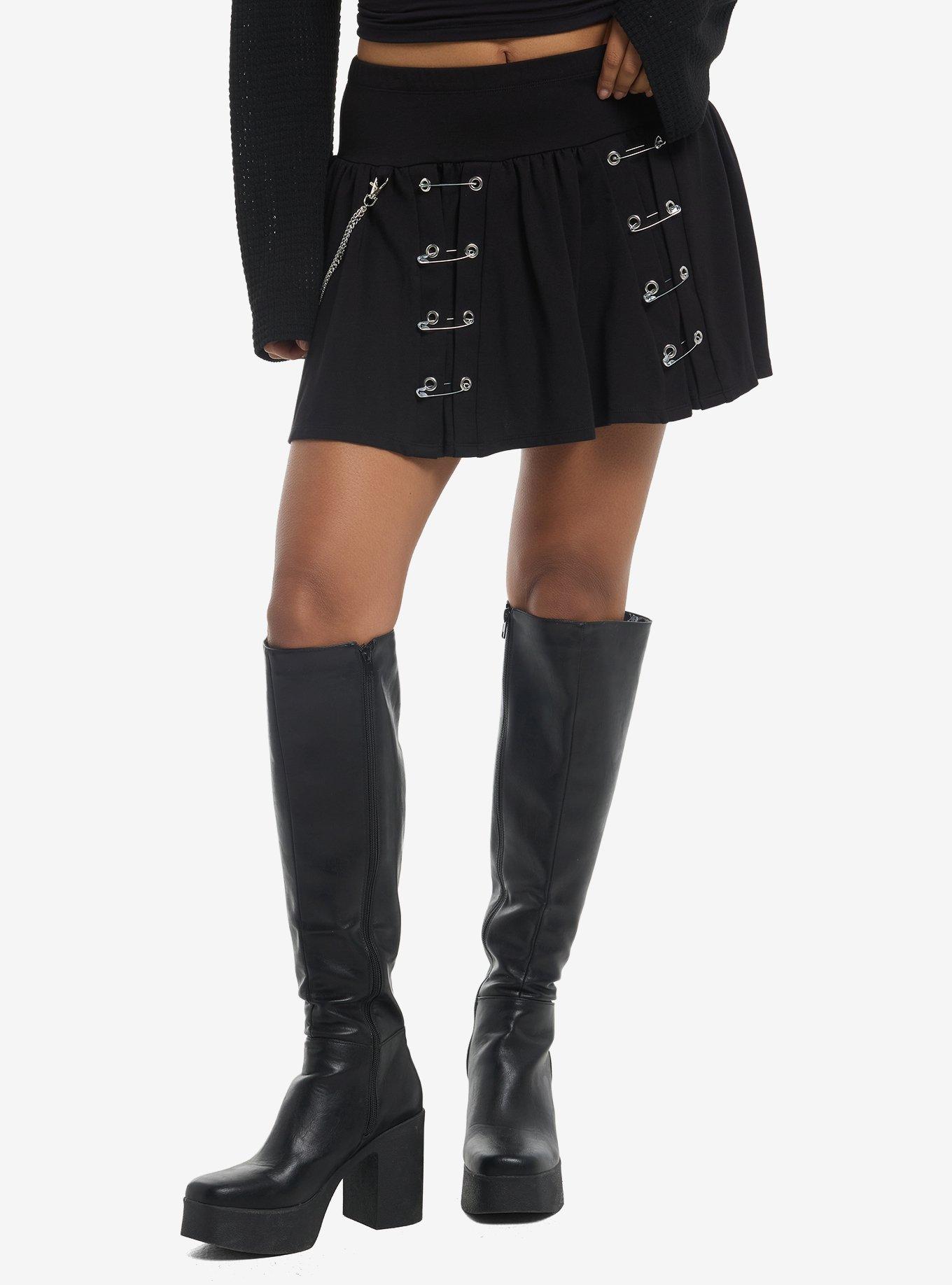 Social Collision Black Safety Pin Pleated Mini Skirt, , hi-res