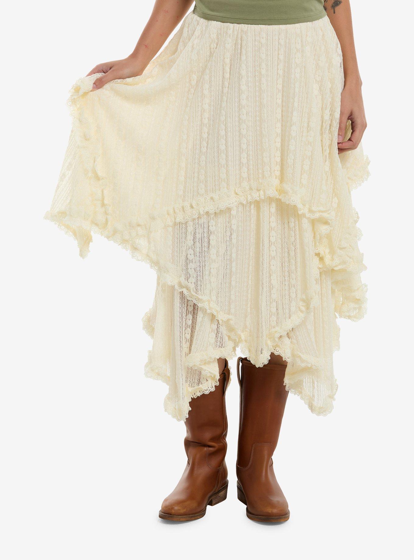 Cosmic Aura Cream Ruffle Layered Trim Midi Skirt, , hi-res
