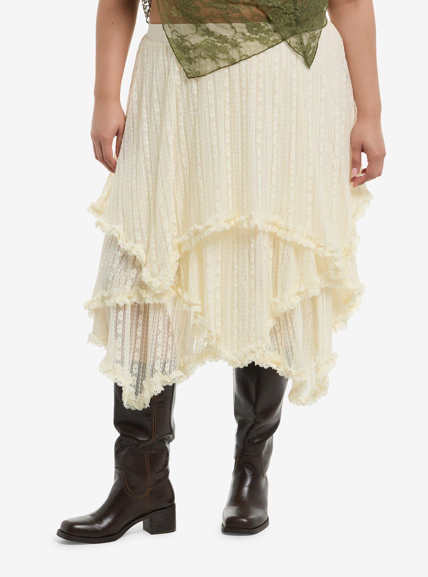 Cosmic Aura Cream Ruffle Layered Trim Midi Skirt Plus Size, , hi-res