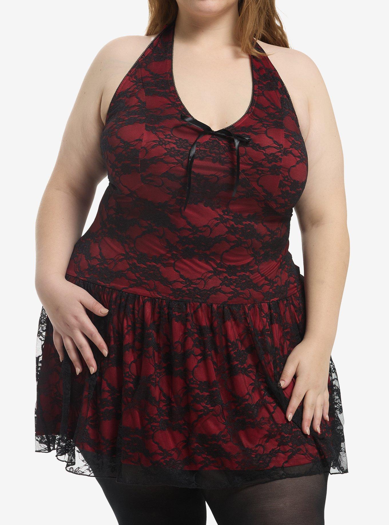 Social Collision Red & Black Lace Halter Dress Plus Size, , hi-res