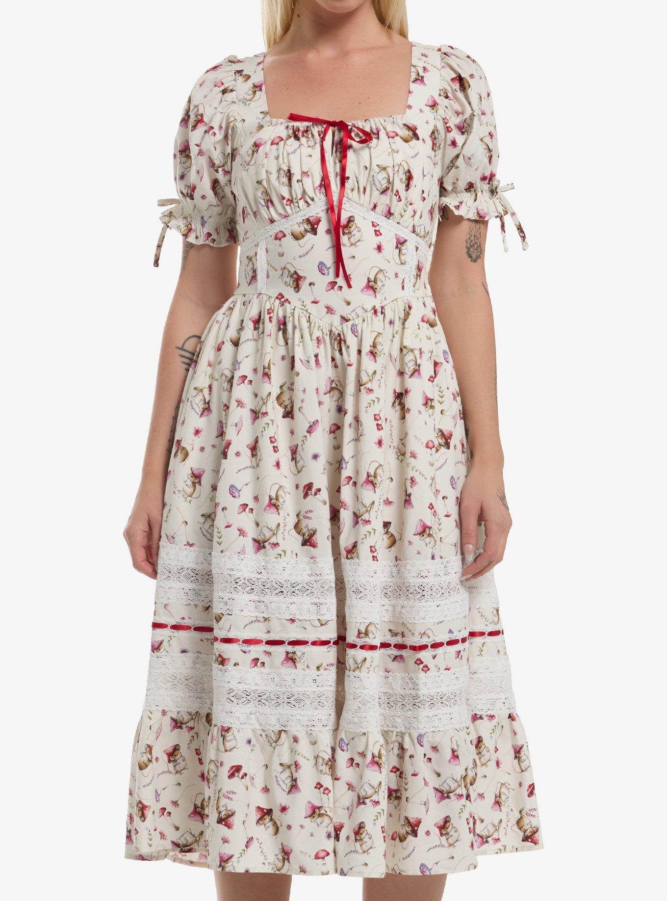 Thorn & Fable Mouse Mushroom Ribbon & Lace Tiered Dress, , hi-res