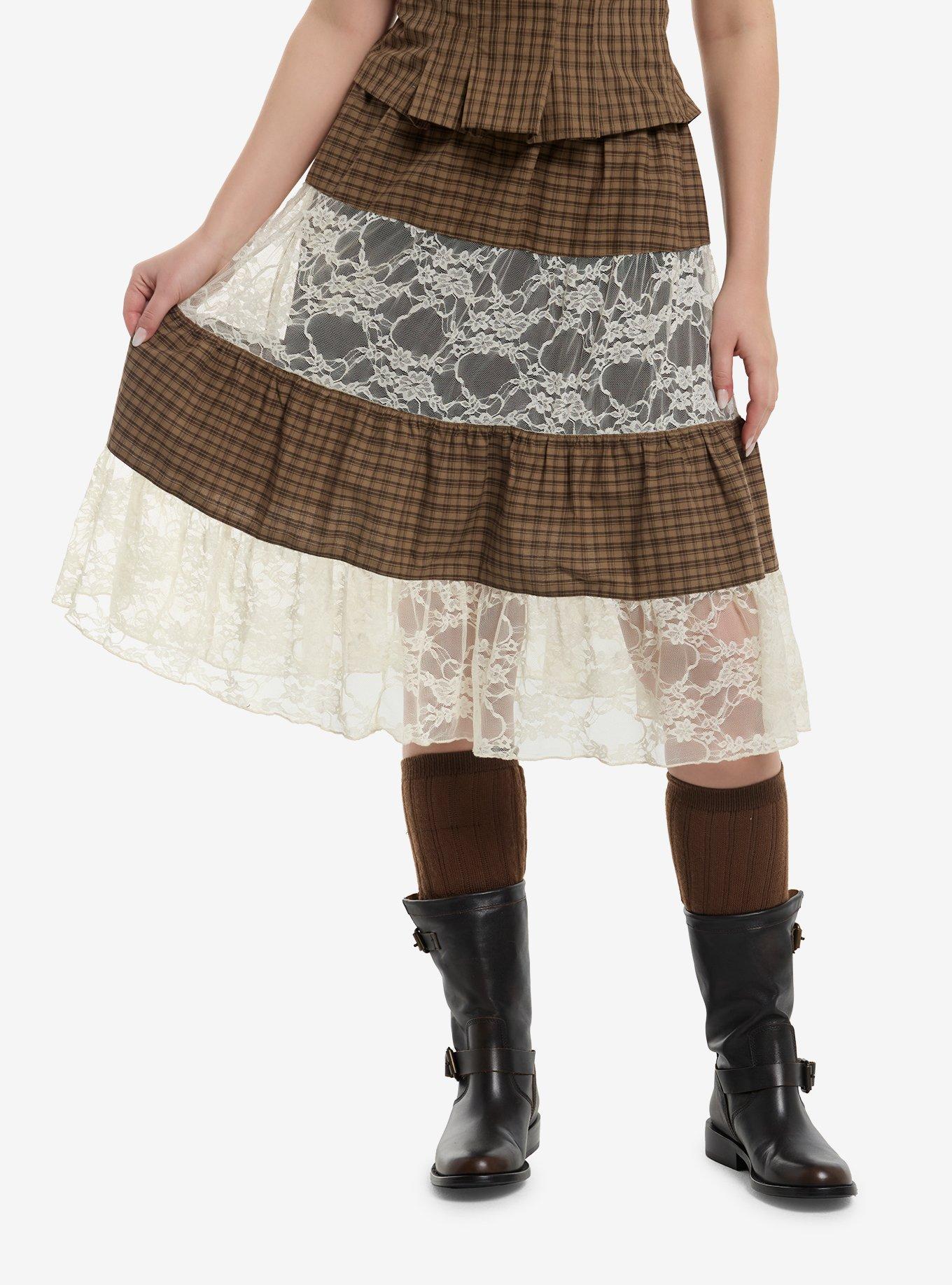 THORNANDFABLE Thorn & Fable Brown Plaid & Lace Tiered Midi Skirt