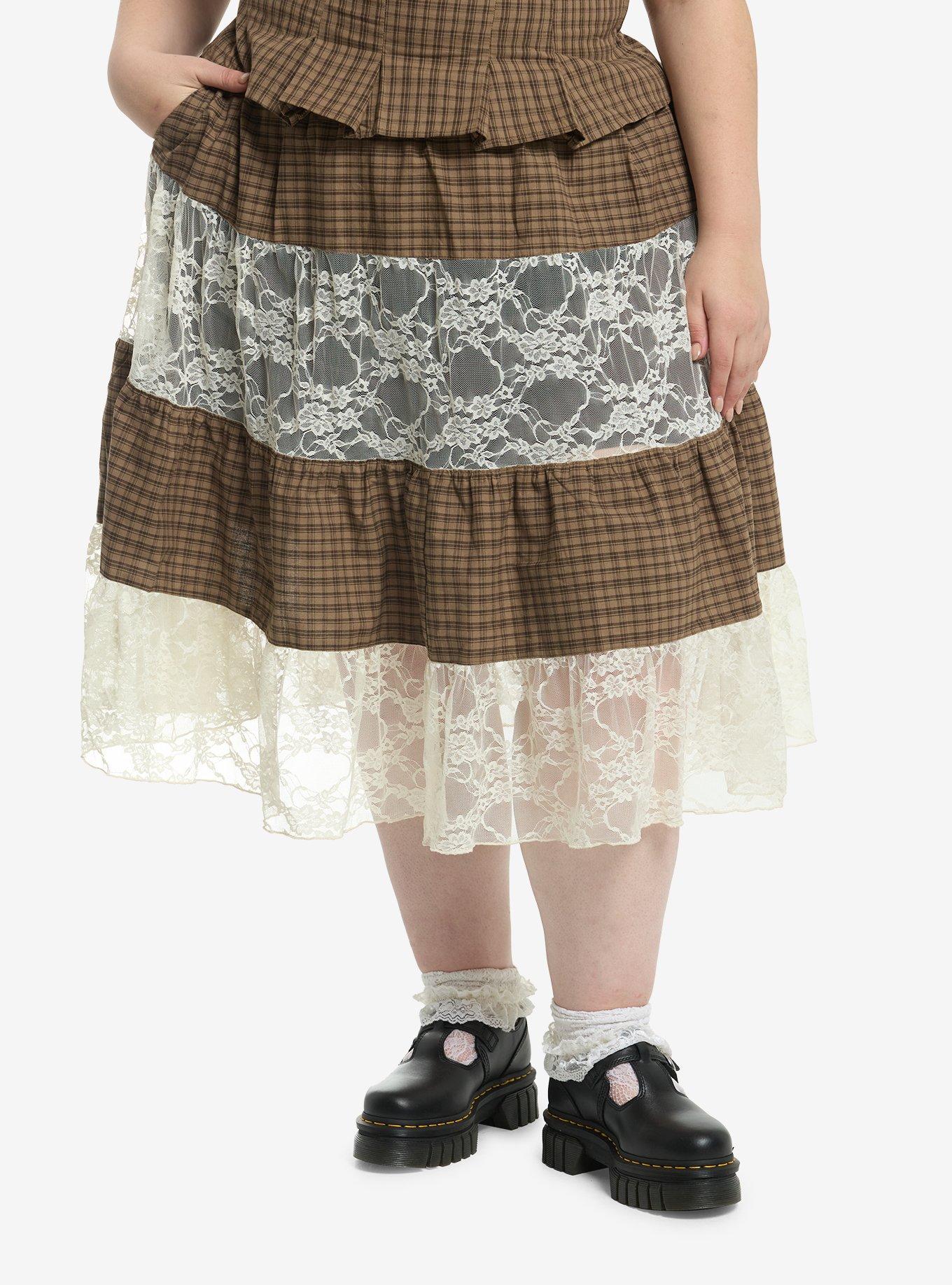 Thorn & Fable Brown Plaid & Lace Tiered Midi Skirt, , hi-res