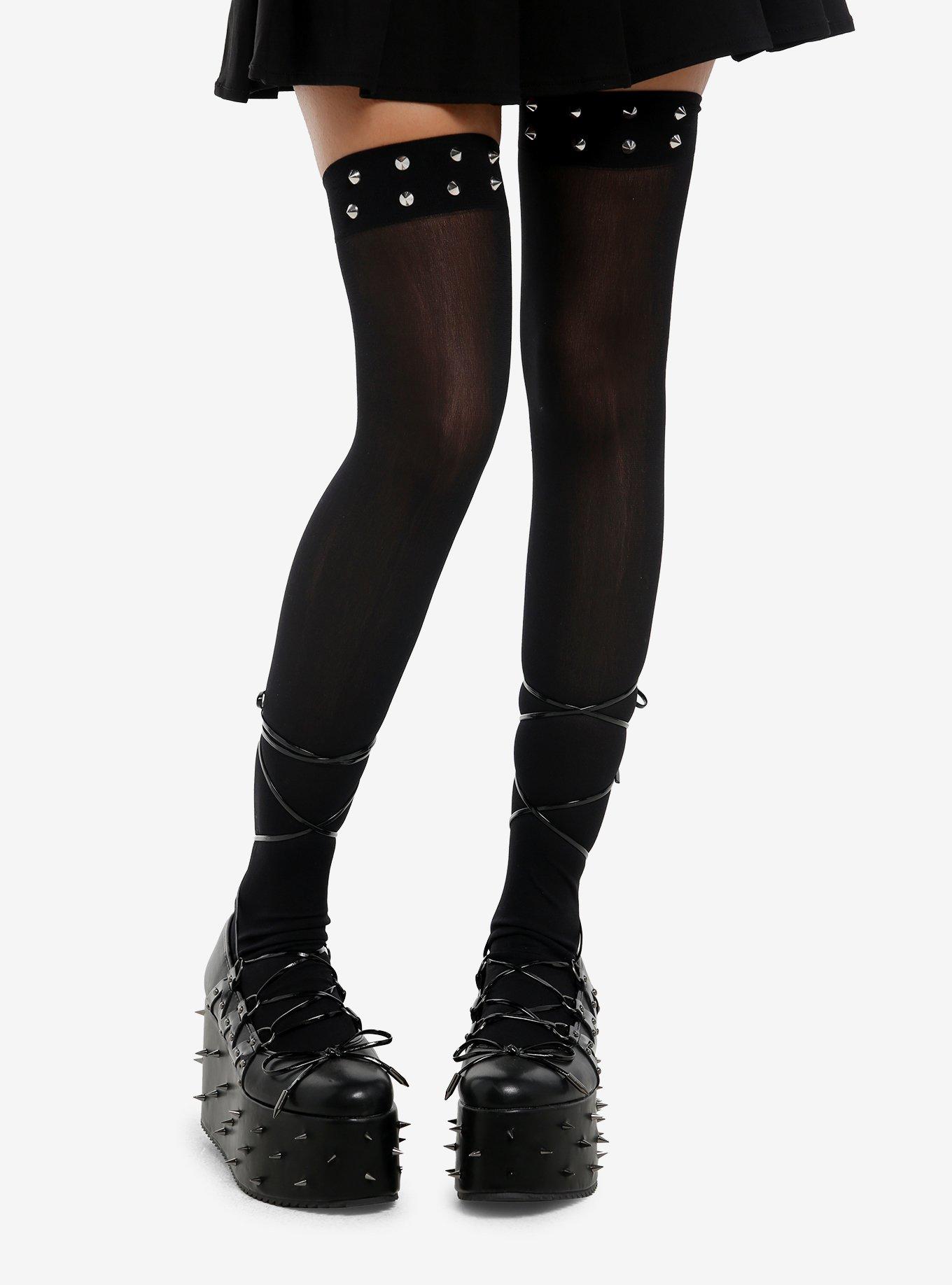 Black Spike Stud Over-The-Knee Socks, , hi-res
