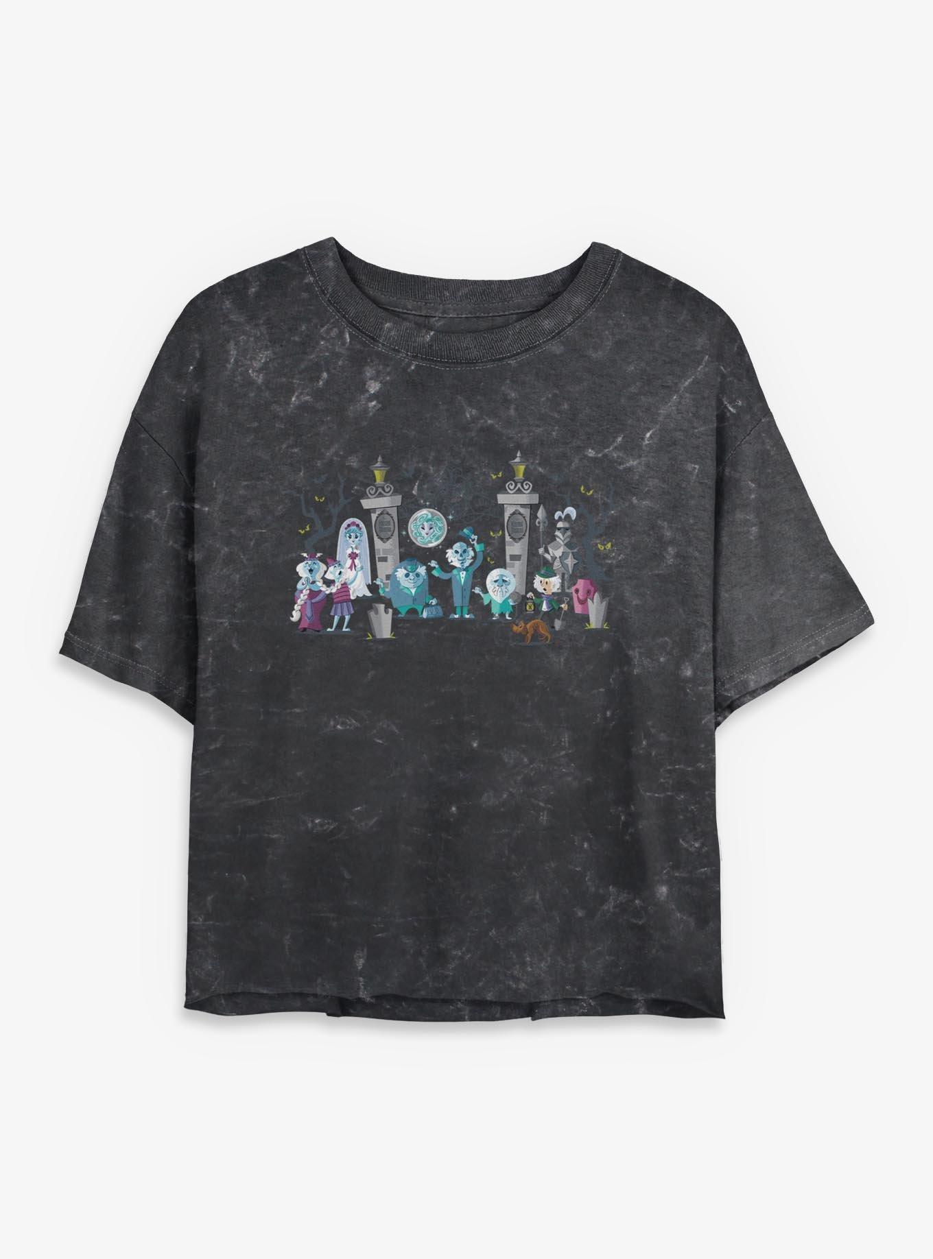 Disney Haunted Mansion Entrance Mansion Characters Mineral Wash Womens Crop T-Shirt, BLACK, hi-res