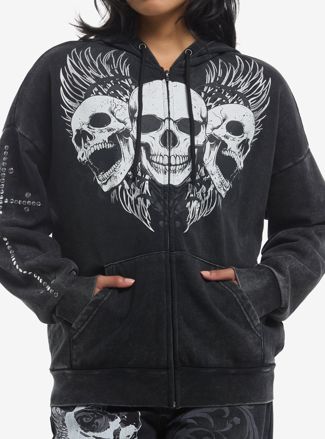 Social Collision Triple Skull Stud Cross Girls Hoodie, , hi-res