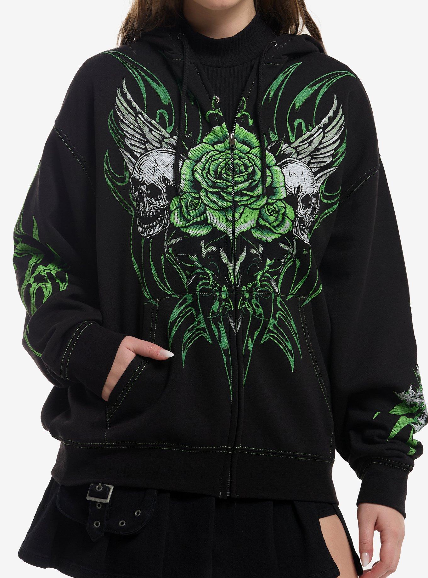 Social Collision Black & Lime Green Skull Cyber Girls Hoodie, , hi-res