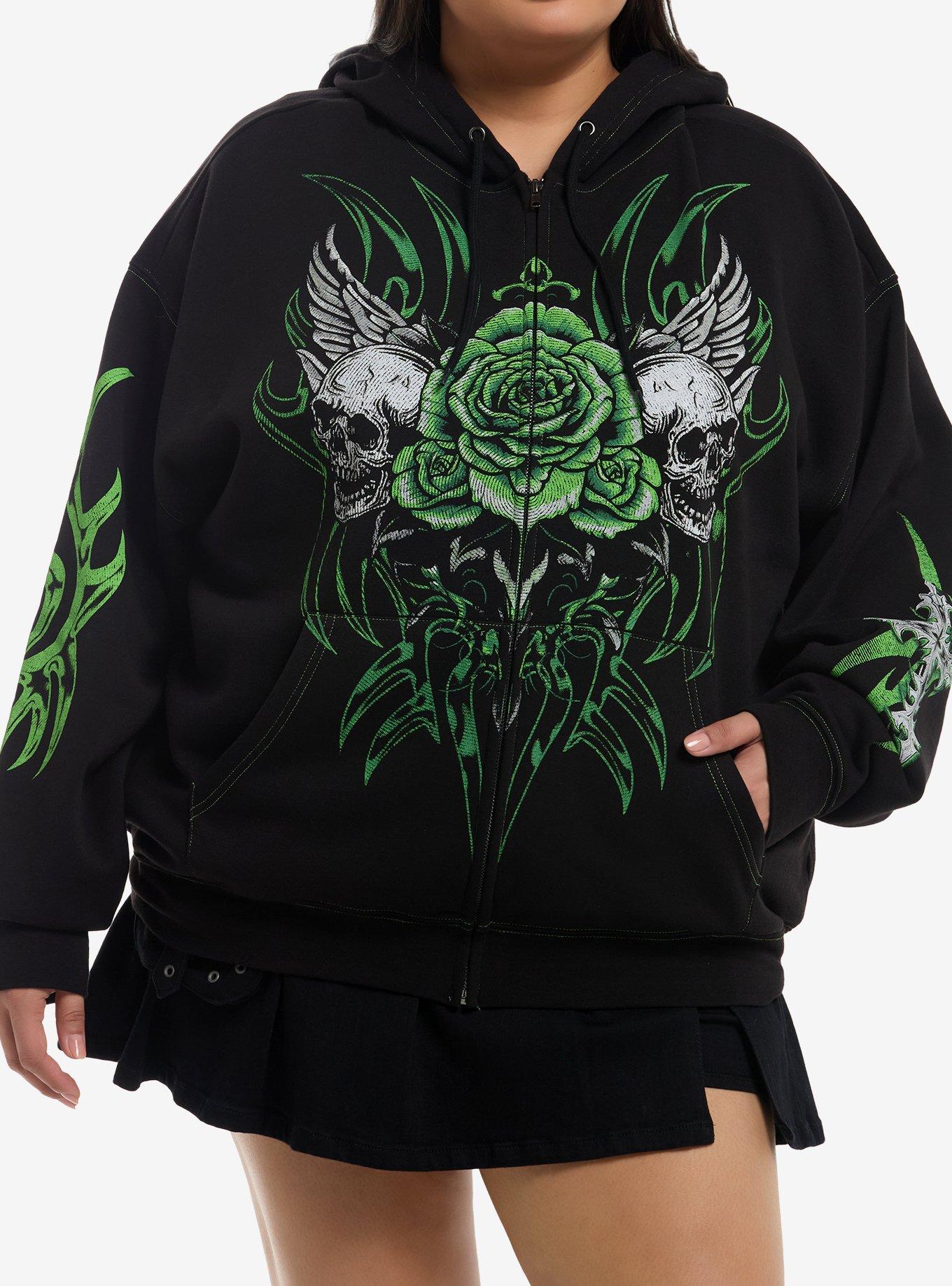 Social Collision Black & Lime Green Skull Cyber Girls Hoodie Plus