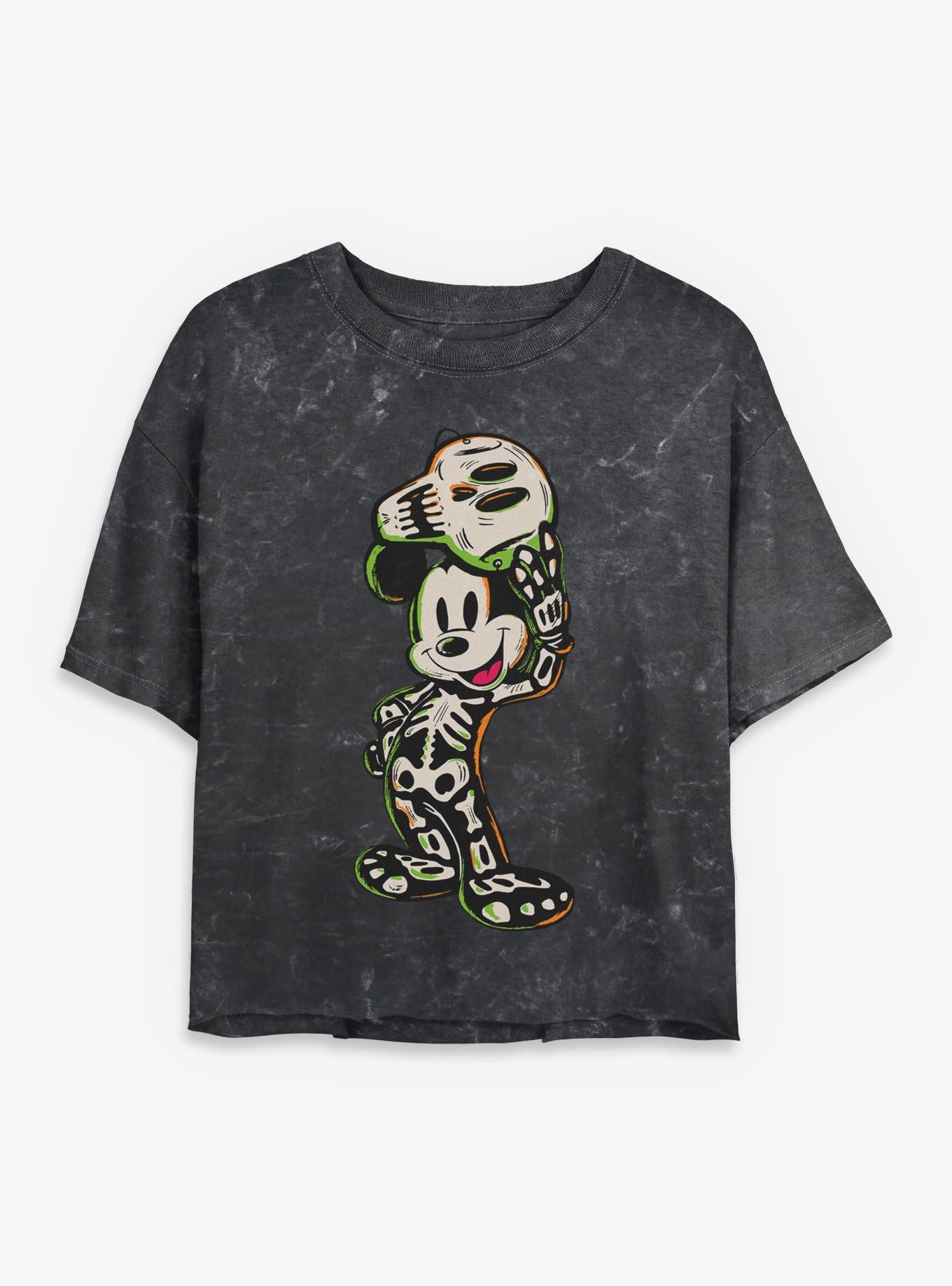 Disney Mickey Mouse Halloween Skeleton Girls Mineral Wash Crop T-Shirt, , hi-res
