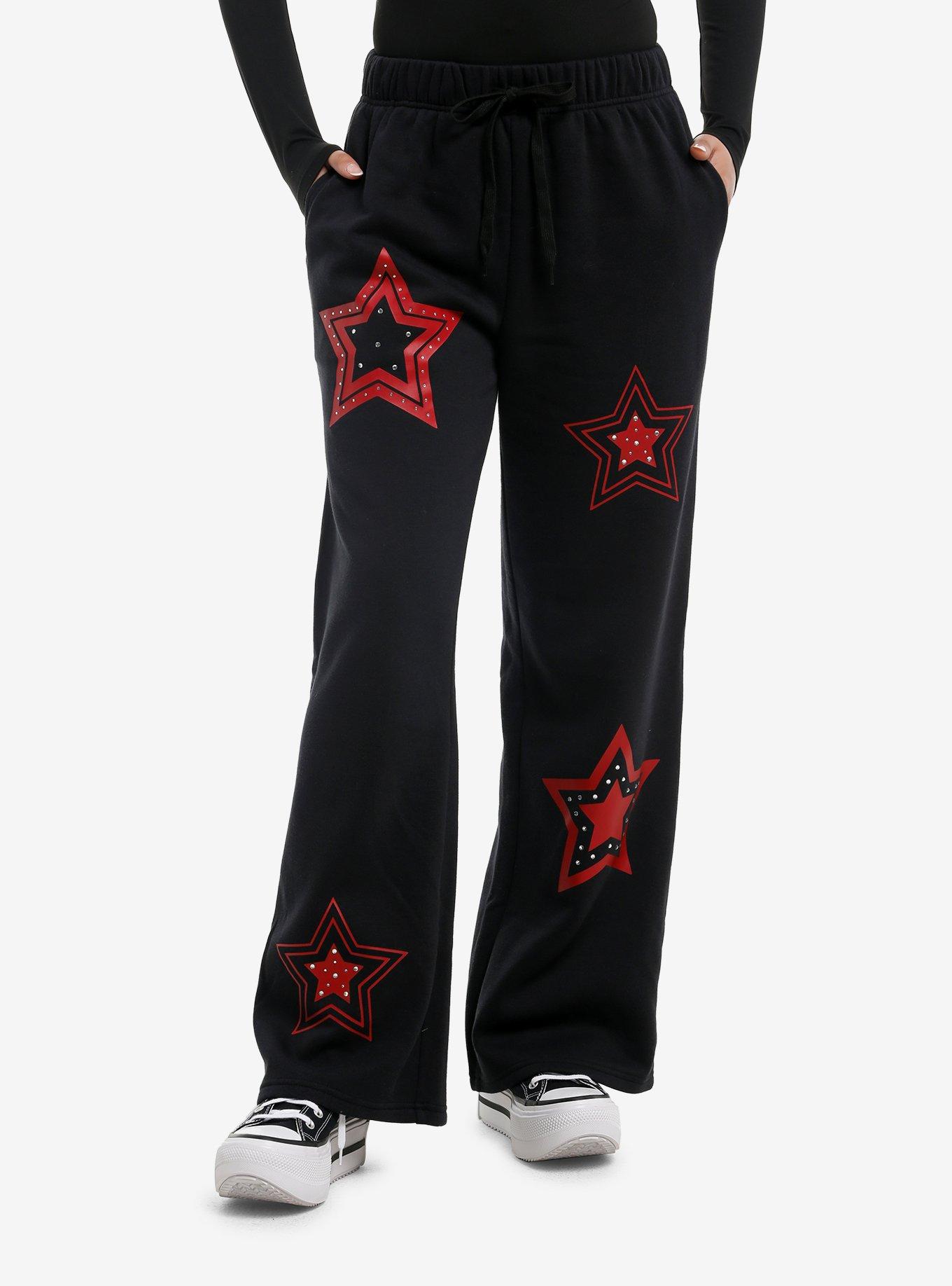 Black & Red Rhinestone Star Wide Leg Lounge Pants, , hi-res