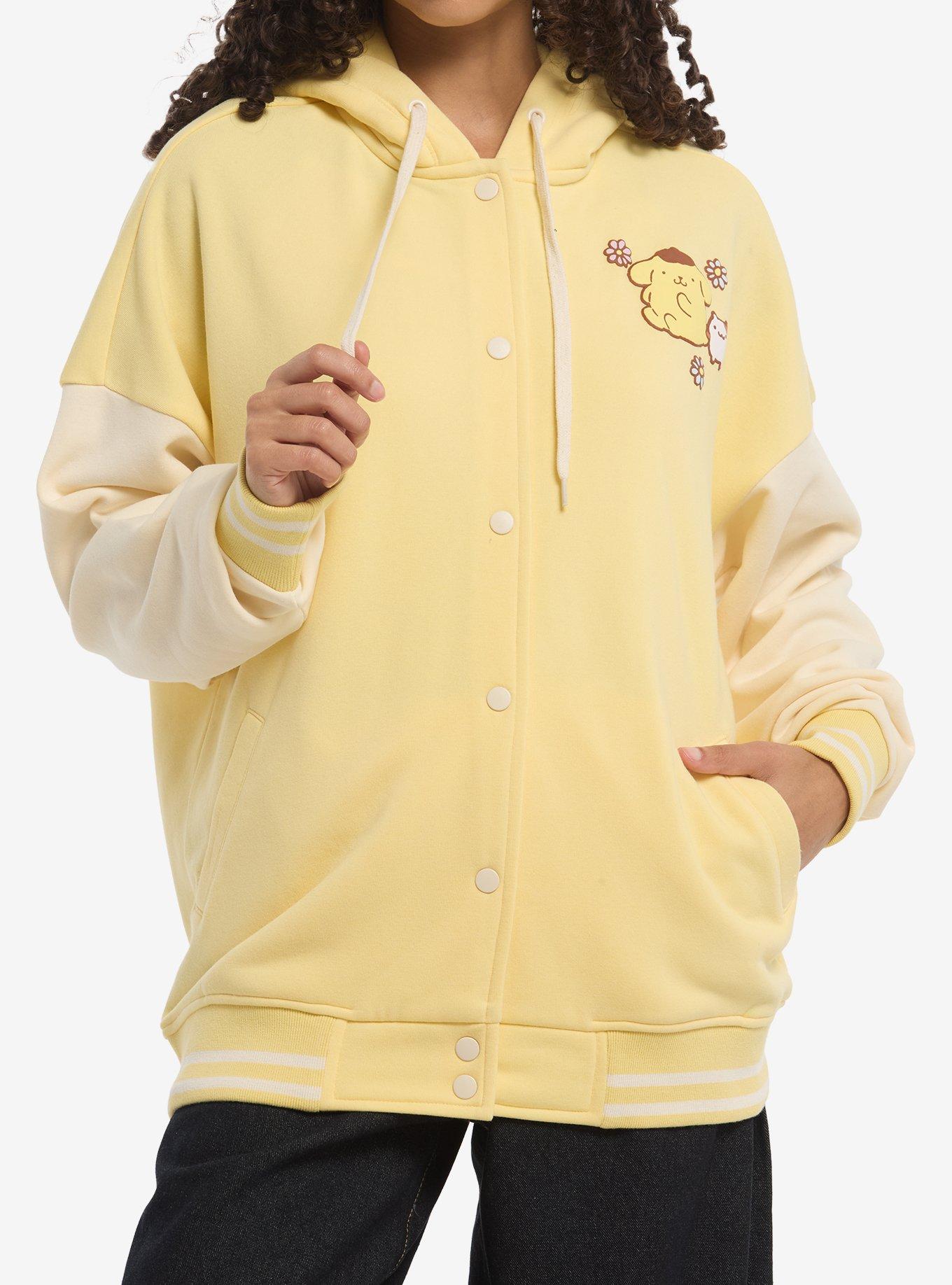 Pompompurin muffin print varsity jacket photographed for an online listing