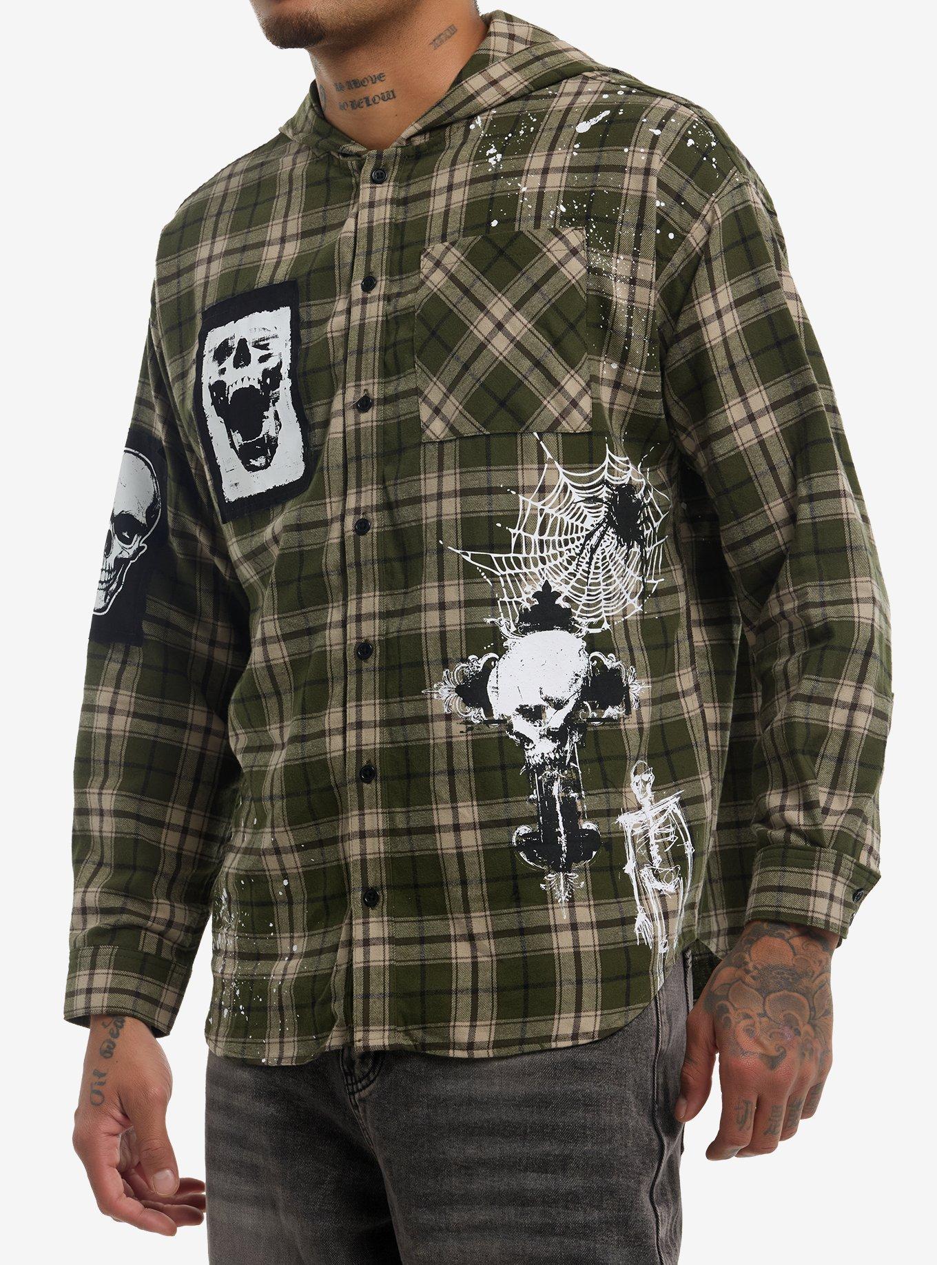 Green Plaid Skull Patches Hooded Flannel Button-Up, , hi-res