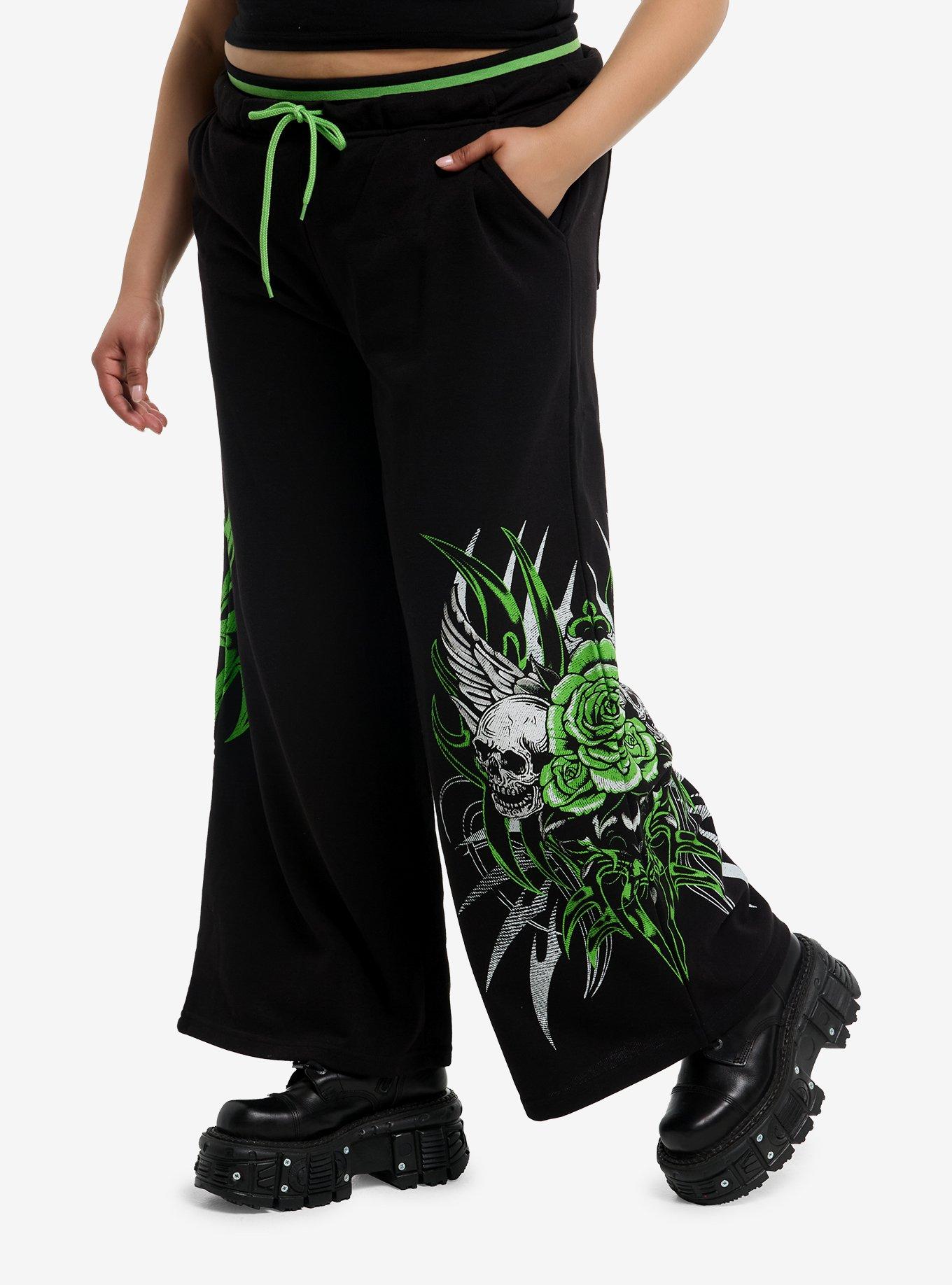 Neon Green Skull Cyber Sigil Wide Leg Lounge Pants Plus Size | Hot