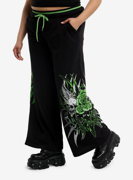 Neon Green Skull Cyber Sigil Wide Leg Lounge Pants Plus Size | Hot