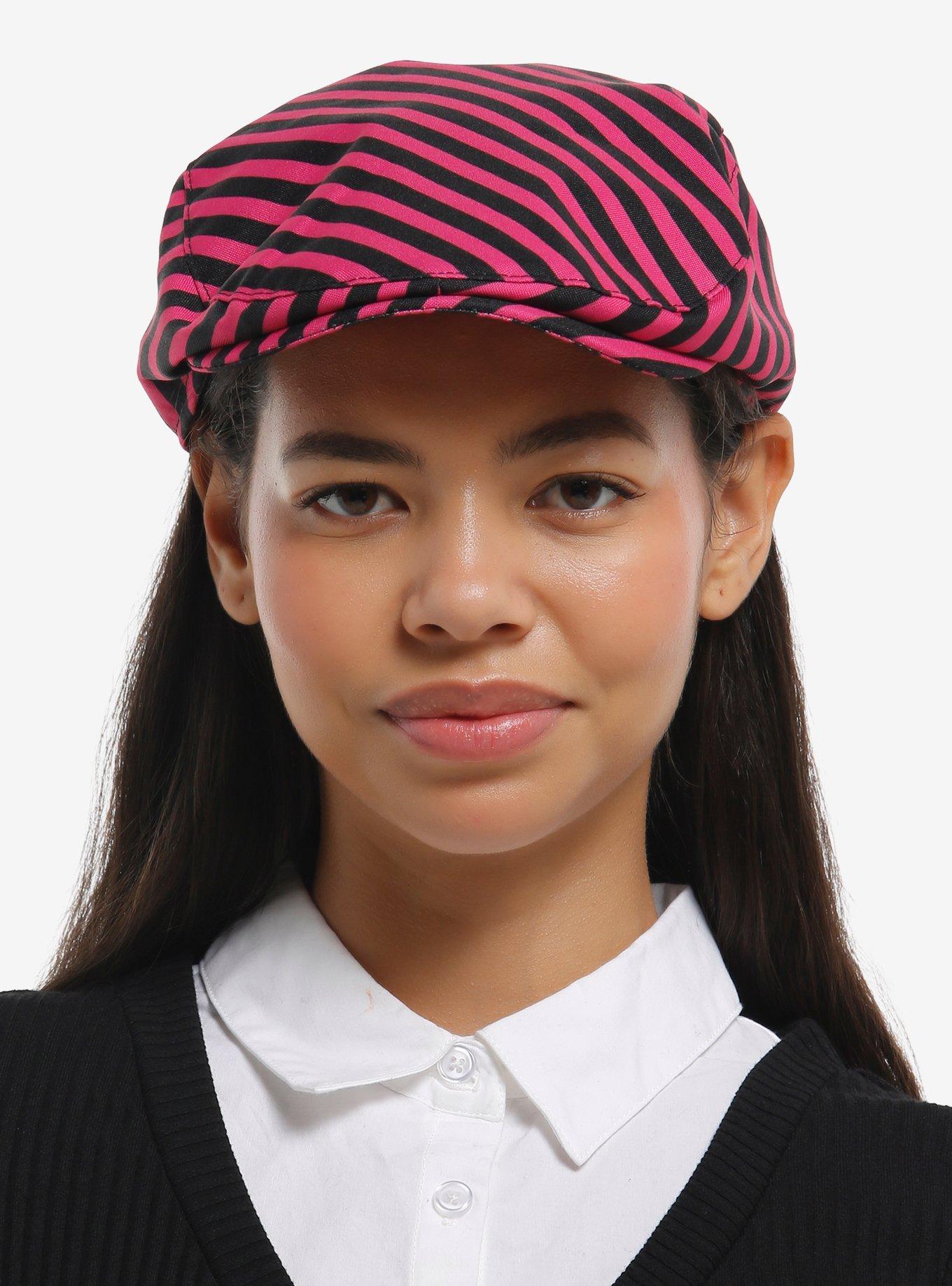 Pink & Black Diagonal Stripe Cabbie Hat, , hi-res